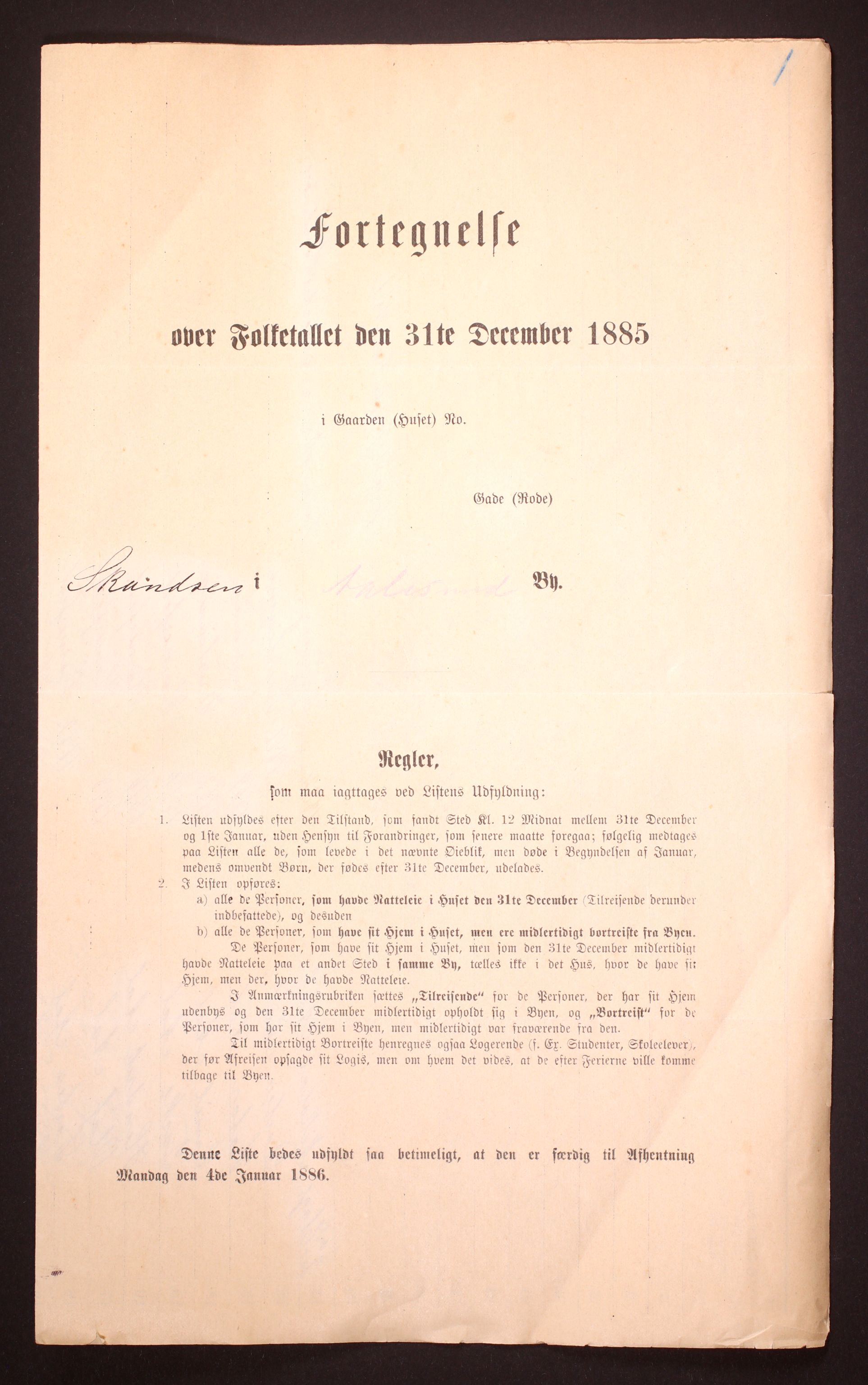 SAT, Folketelling 1885 for 1501 Ålesund kjøpstad, 1885