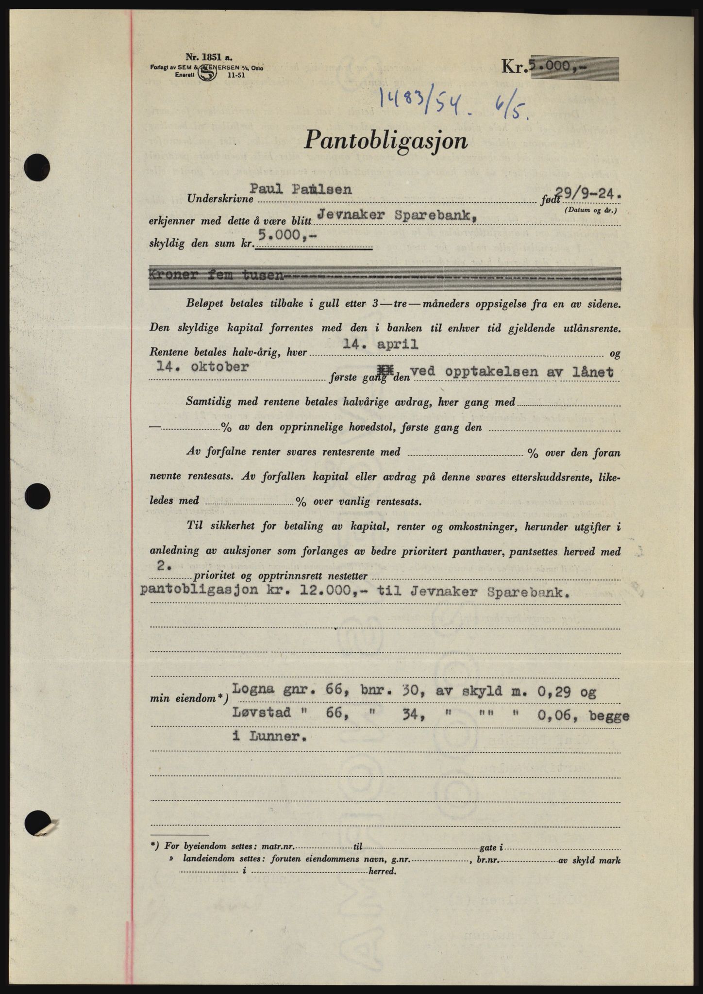 Hadeland og Land tingrett, SAH/TING-010/H/Hb/Hbc/L0029: Pantebok nr. B29, 1954-1954, Dagboknr: 1483/1954