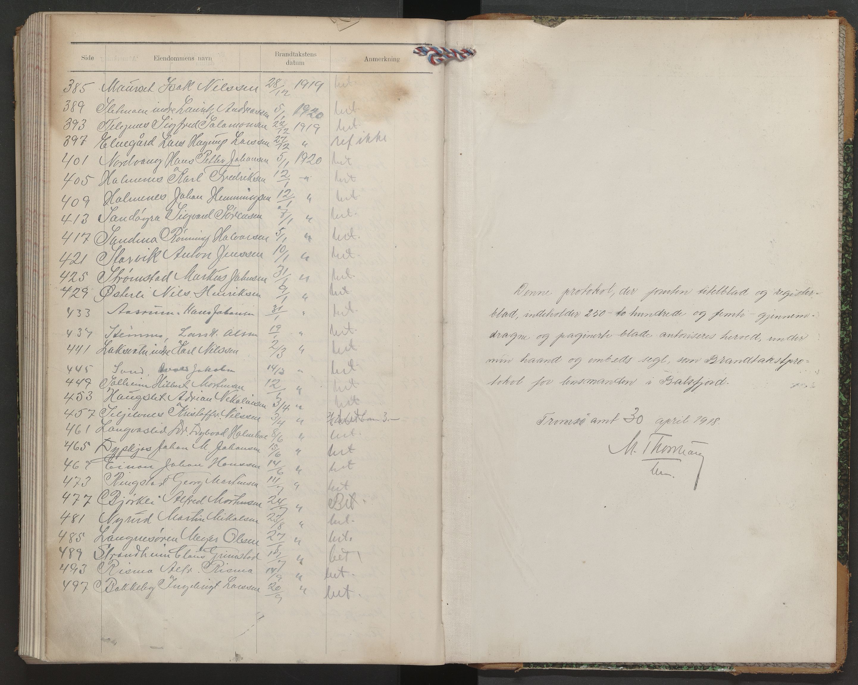 Lensmannen i Balsfjord, AV/SATØ-S-0085/Hf/Hfb/L0179: Branntakstprotokoller 1873-1966. Med register, 1918-1920