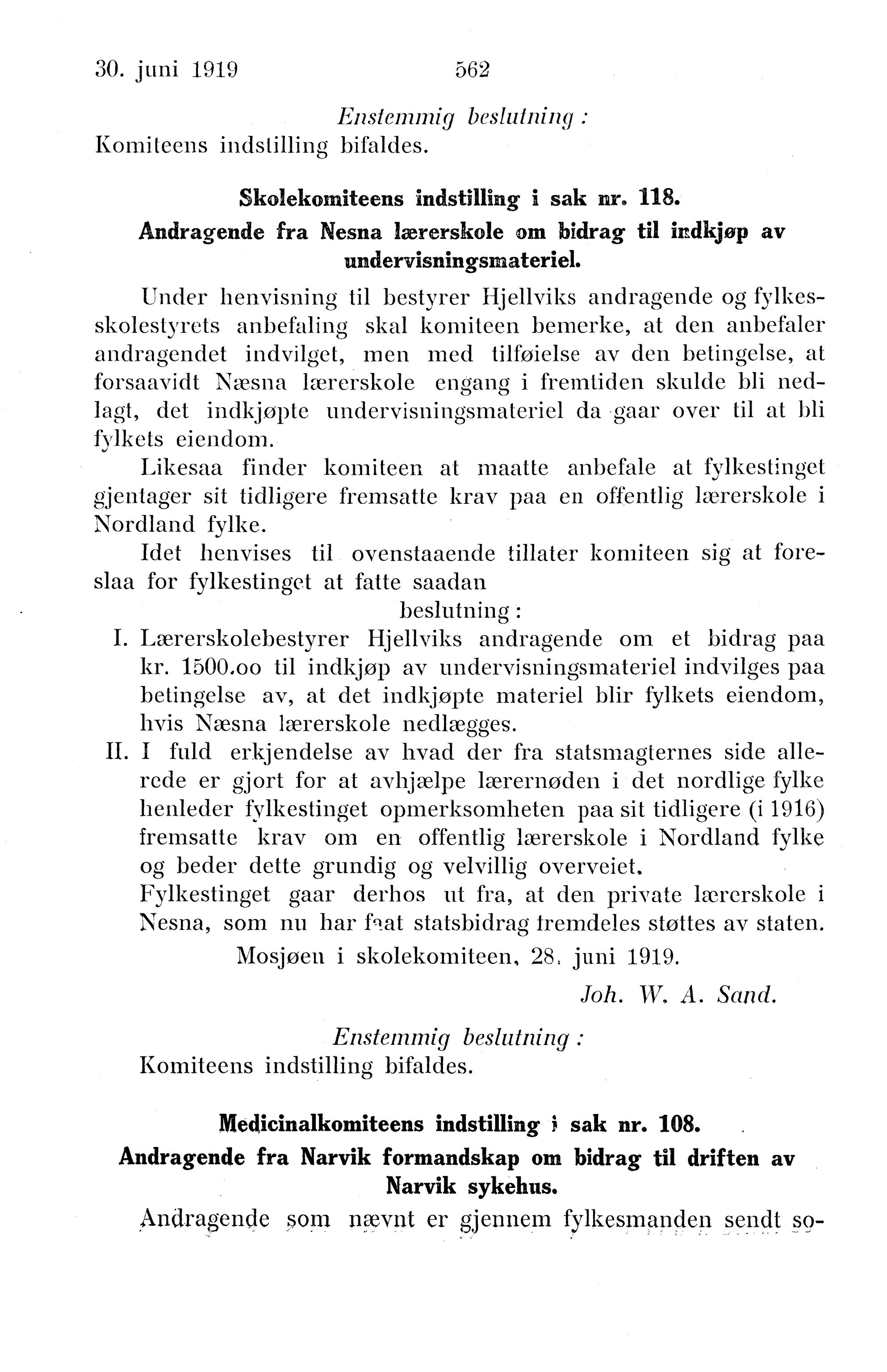 Nordland Fylkeskommune. Fylkestinget, AIN/NFK-17/176/A/Ac/L0042: Fylkestingsforhandlinger 1919, 1919