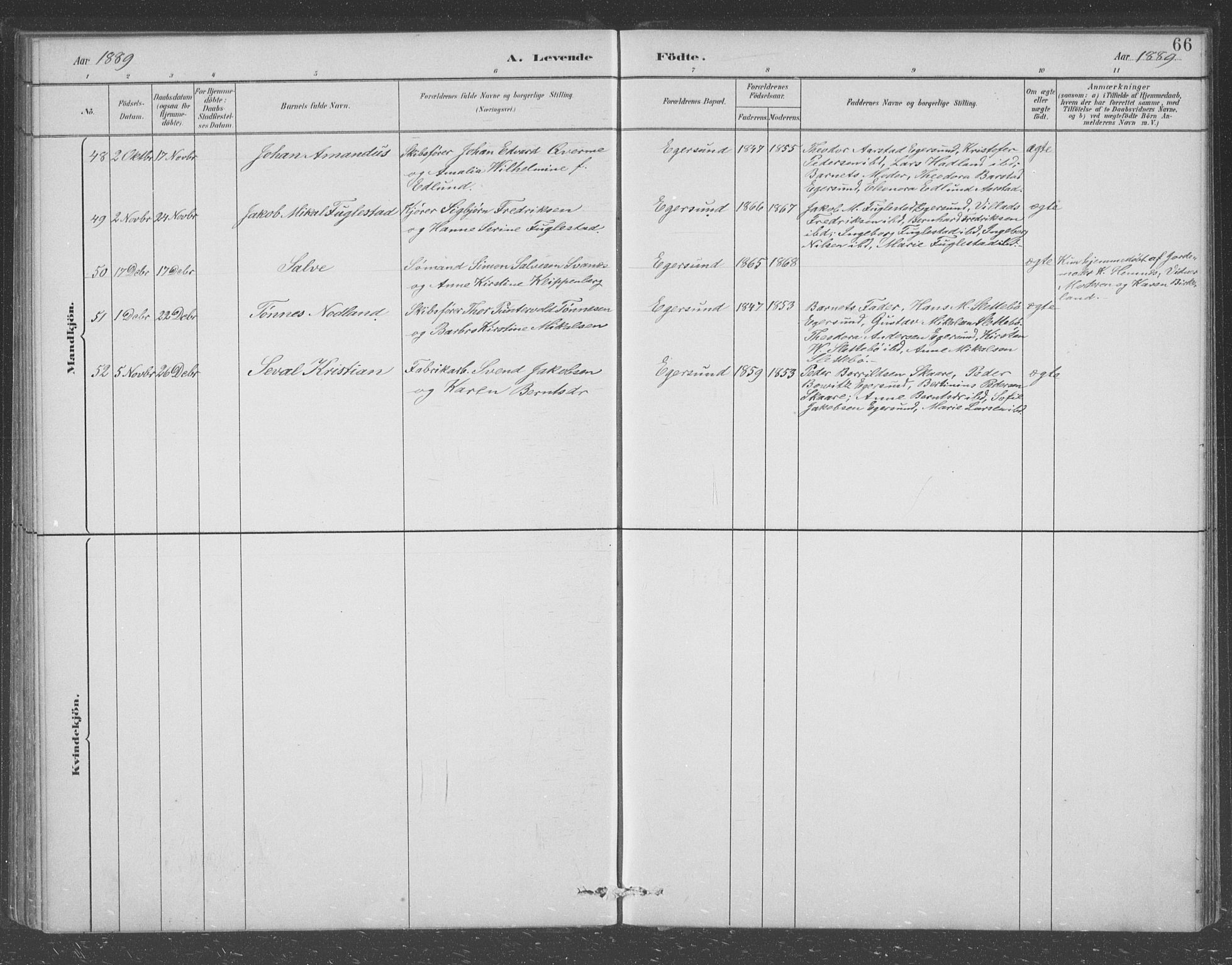 Eigersund sokneprestkontor, AV/SAST-A-101807/S09/L0008: Klokkerbok nr. B 8, 1882-1892, s. 66