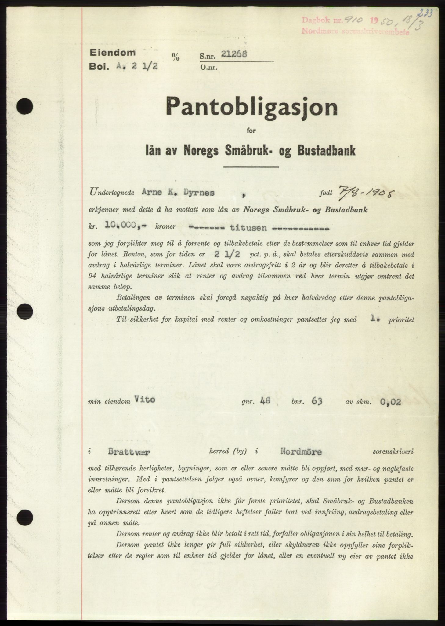 Nordmøre sorenskriveri, SAT/A-4132/1/2/2Ca: Pantebok nr. B104, 1950-1950, Dagboknr: 910/1950