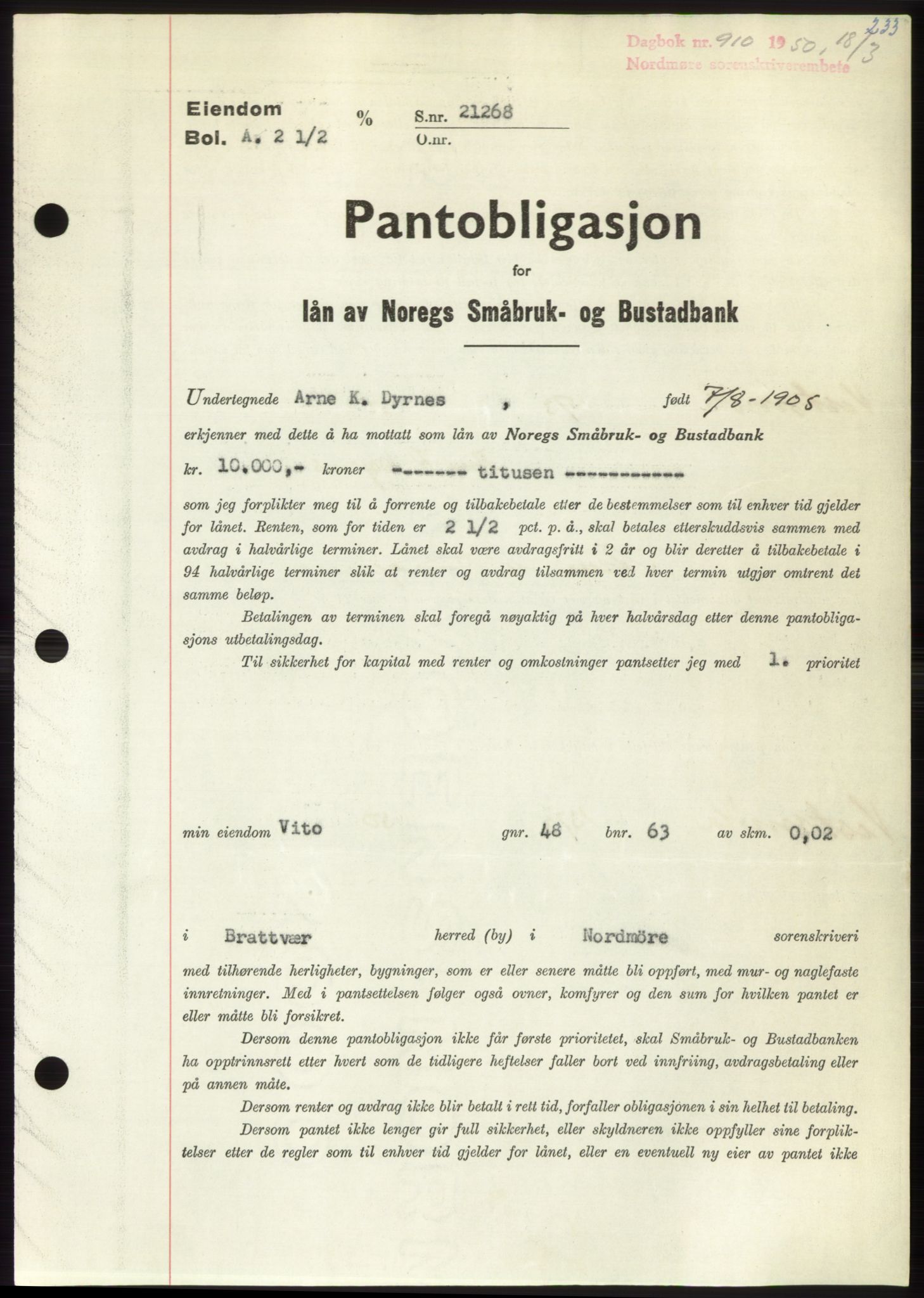 Nordmøre sorenskriveri, AV/SAT-A-4132/1/2/2Ca: Pantebok nr. B104, 1950-1950, Dagboknr: 910/1950