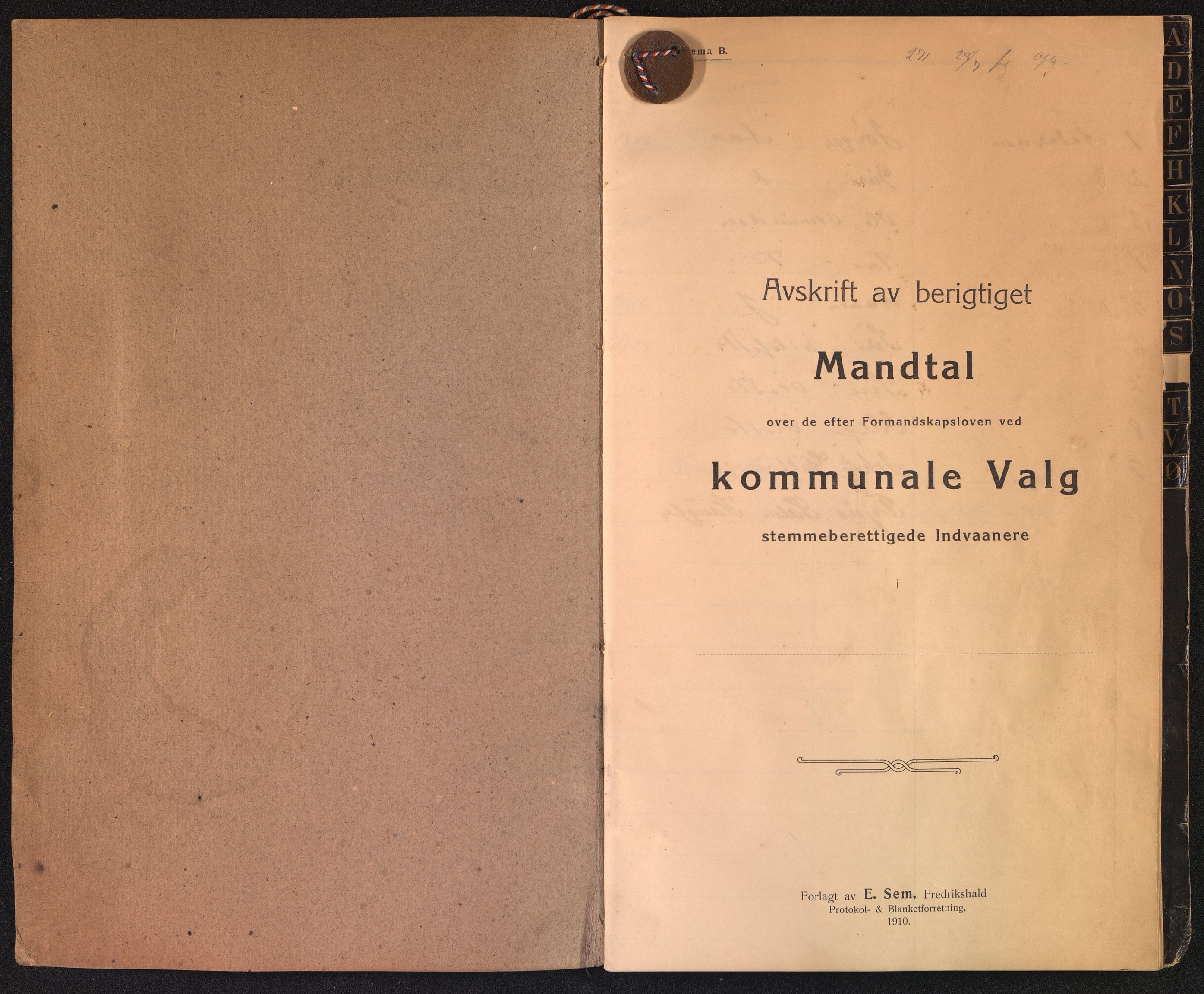 Øvre Sirdal kommune - Valgstyret, IKAV/1046ØS110/F/L0001: Avskrift kommunalt manntall, 1910