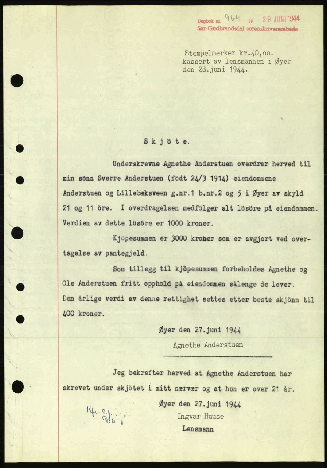 Sør-Gudbrandsdal tingrett, SAH/TING-004/H/Hb/Hbd/L0013: Pantebok nr. A13, 1944-1944, Dagboknr: 964/1944