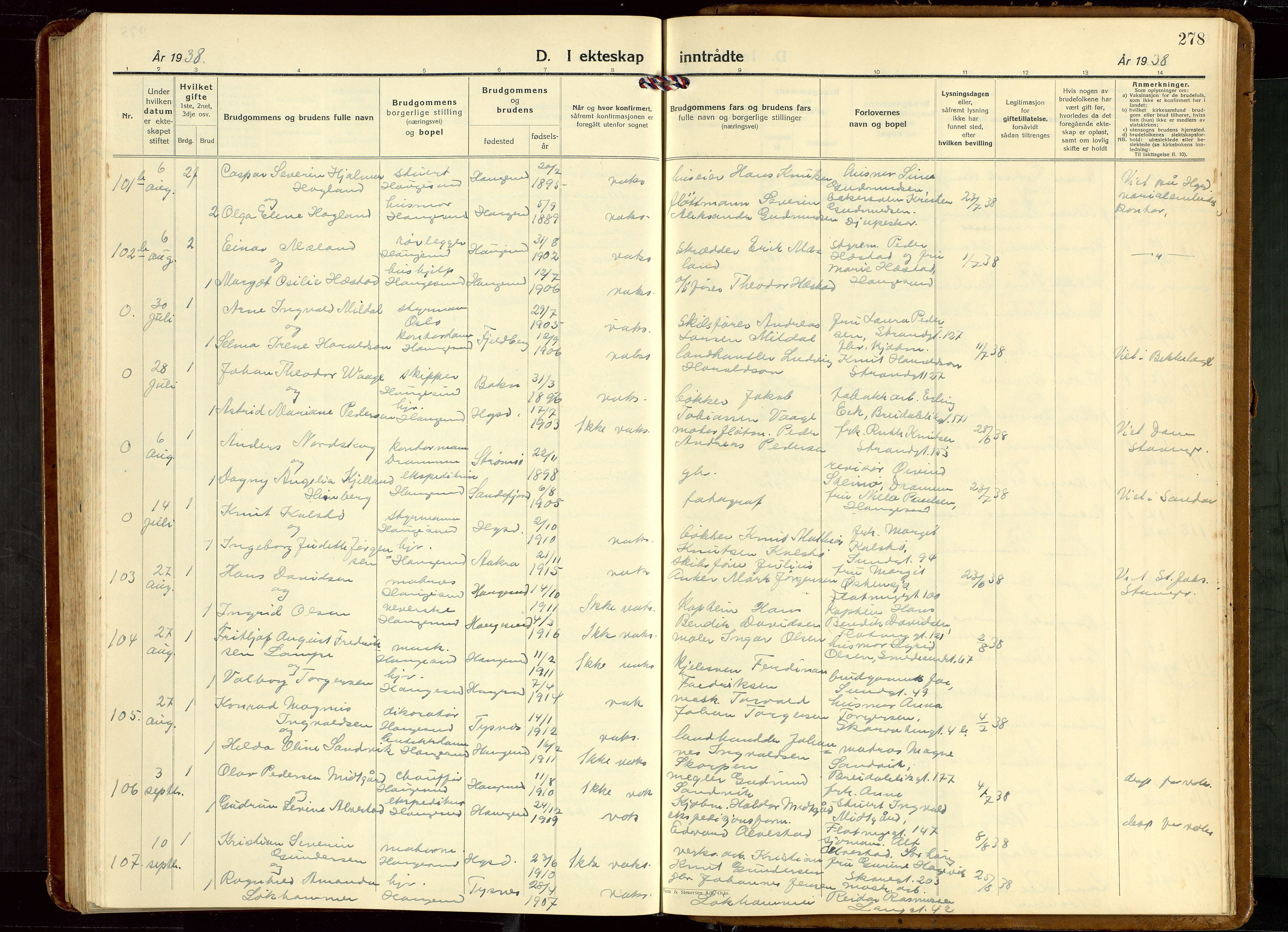 Haugesund sokneprestkontor, AV/SAST-A -101863/H/Ha/Hab/L0013: Klokkerbok nr. B 13, 1931-1943, s. 278