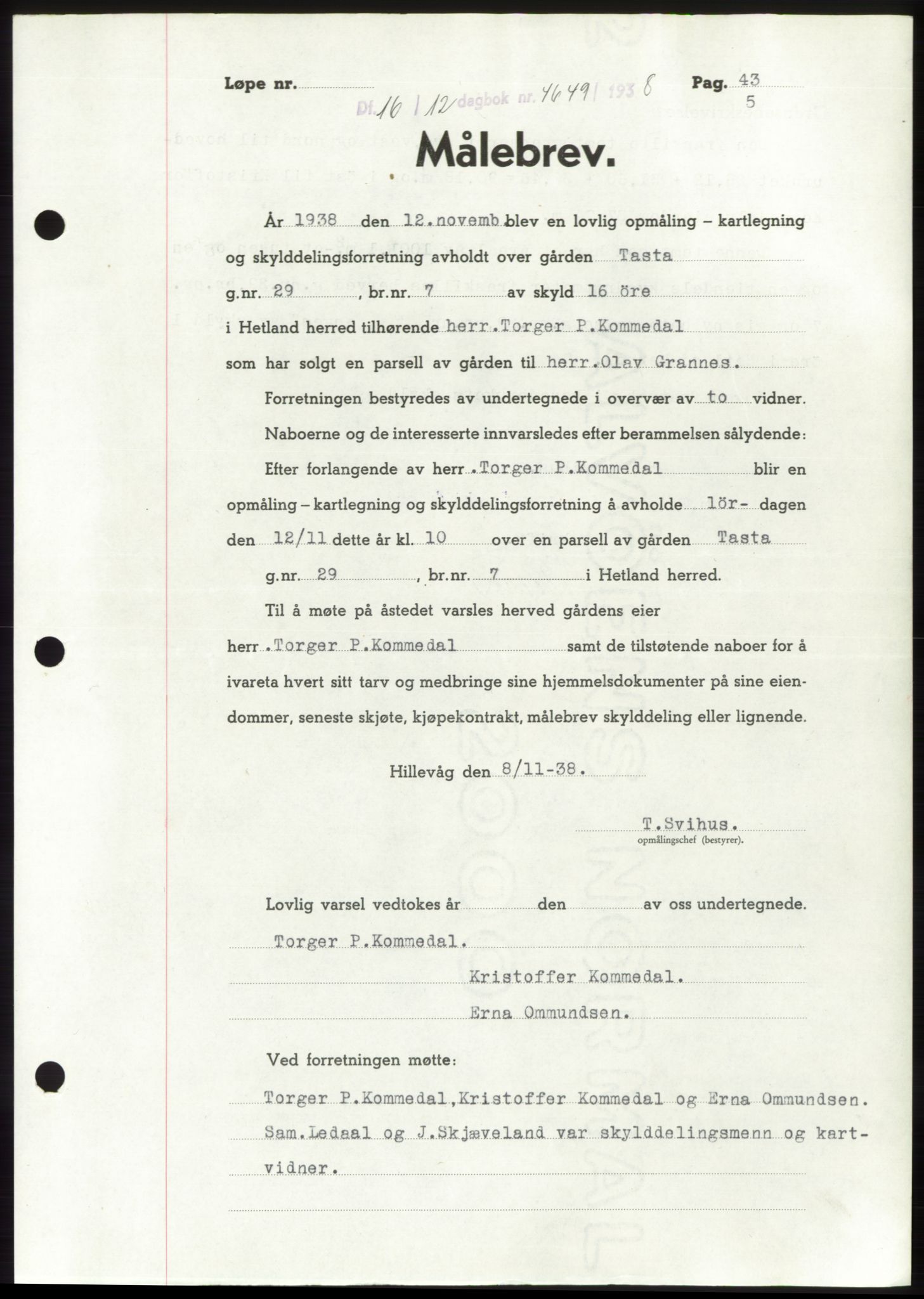 Jæren sorenskriveri, SAST/A-100310/03/G/Gba/L0072: Pantebok, 1938-1938, Dagboknr: 4649/1938