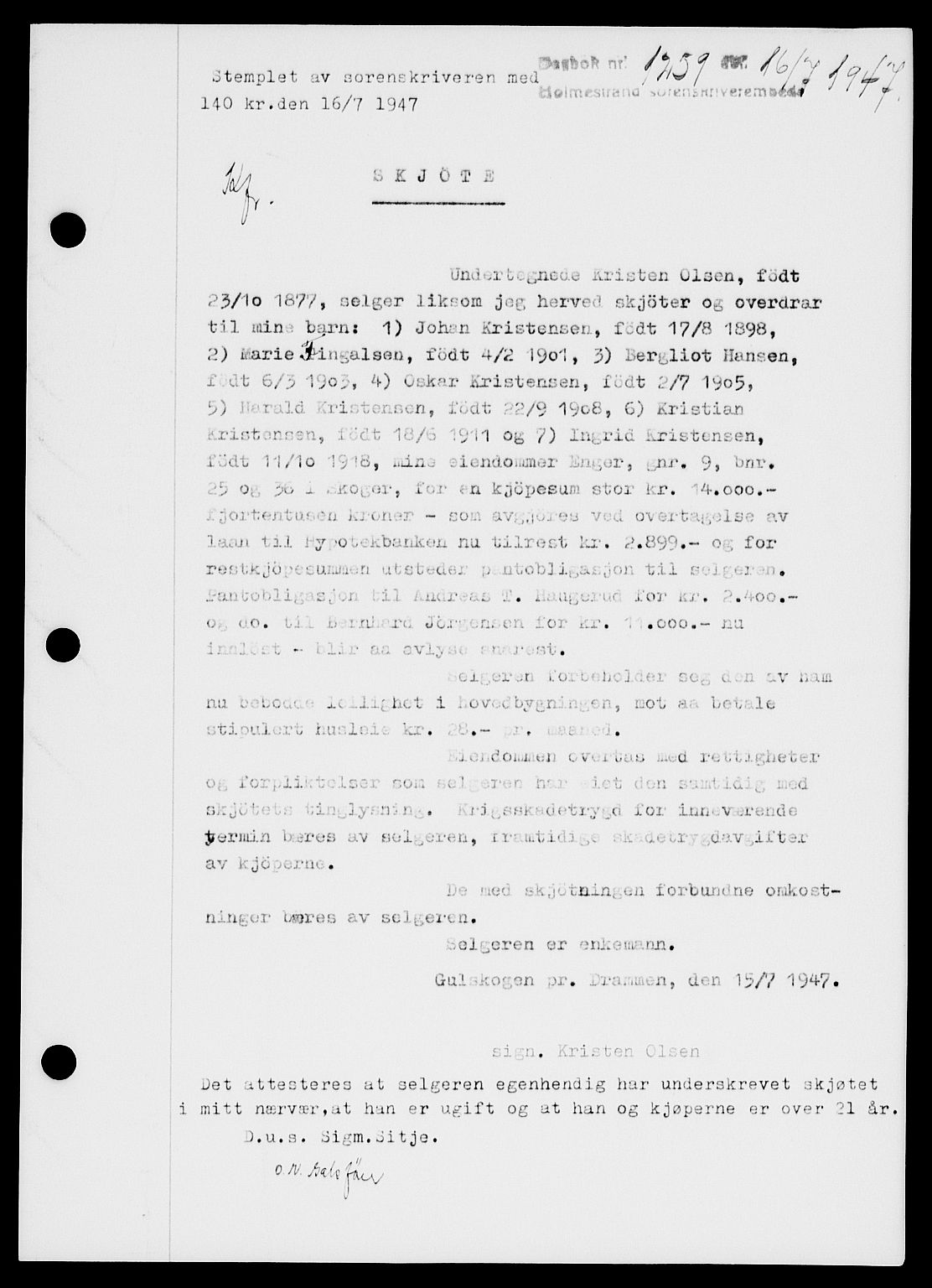 Holmestrand sorenskriveri, SAKO/A-67/G/Ga/Gaa/L0062: Pantebok nr. A-62, 1947-1947, Dagboknr: 1259/1947