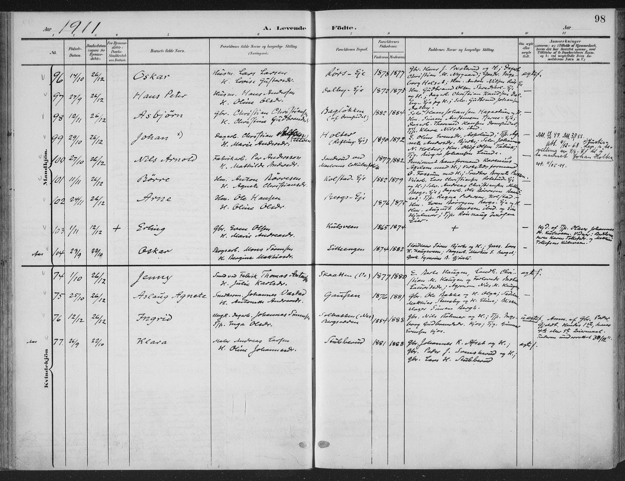 Ringsaker prestekontor, AV/SAH-PREST-014/K/Ka/L0018: Ministerialbok nr. 18, 1903-1912, s. 98