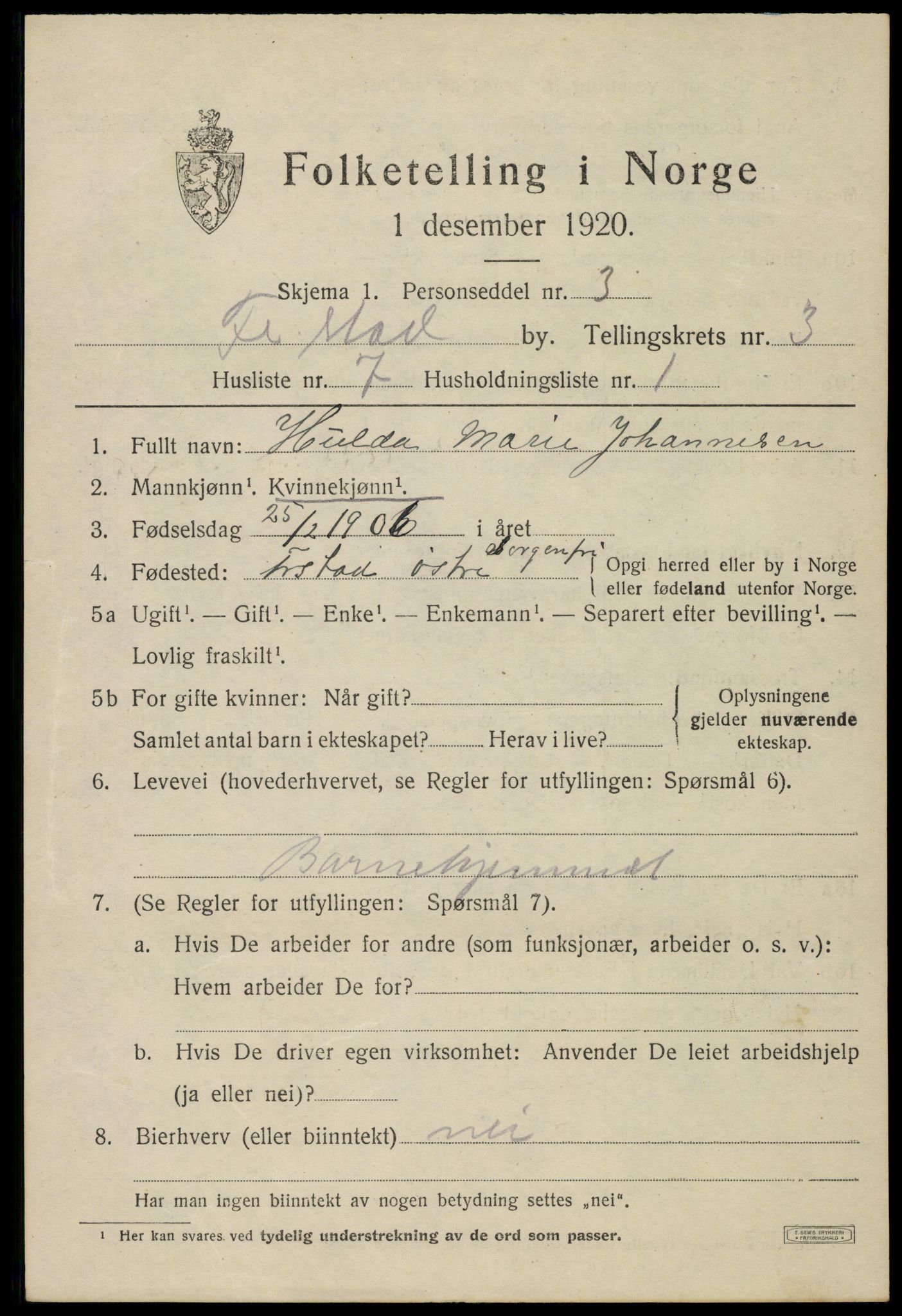 SAO, Folketelling 1920 for 0103 Fredrikstad kjøpstad, 1920, s. 15005