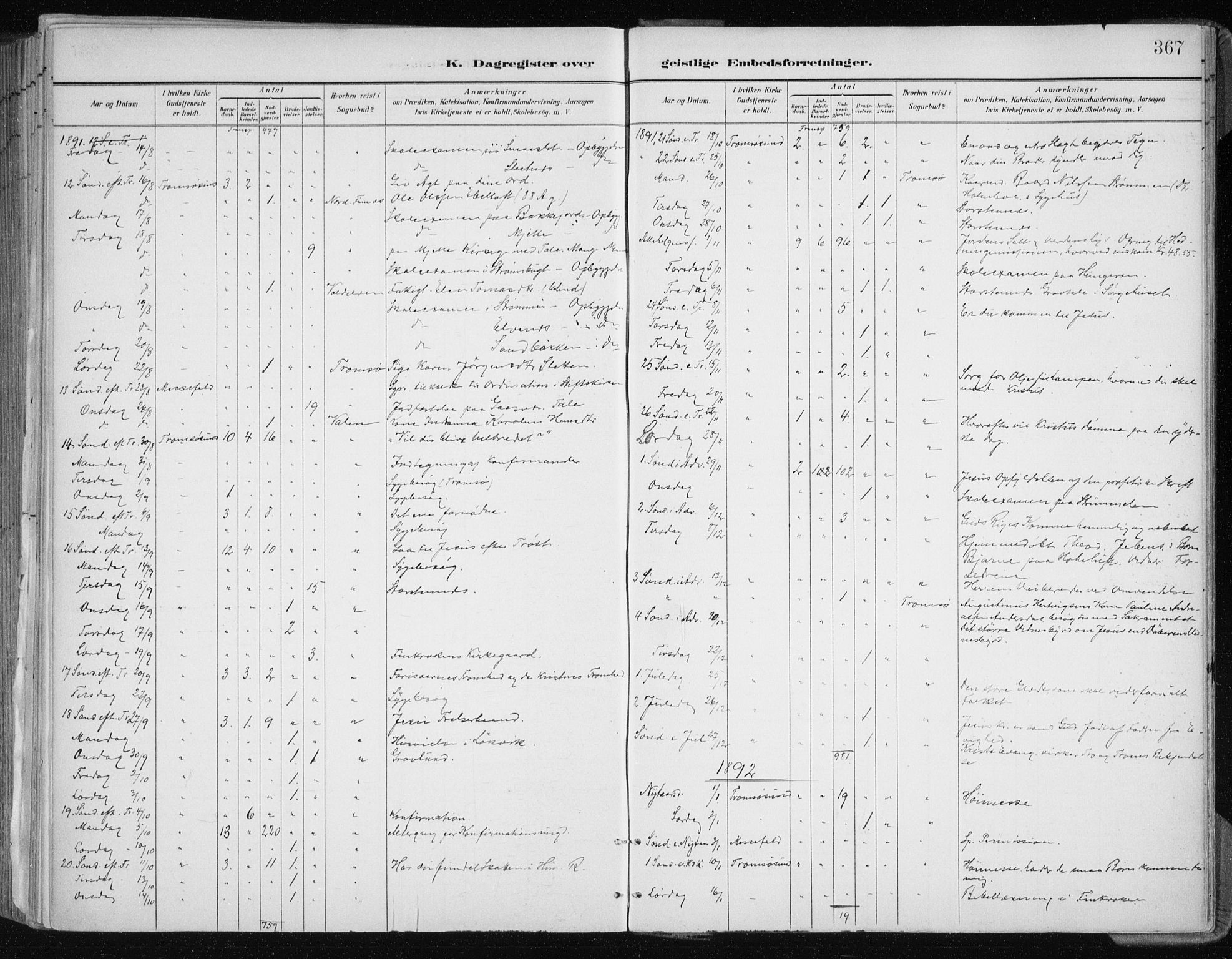 Tromsøysund sokneprestkontor, AV/SATØ-S-1304/G/Ga/L0005kirke: Ministerialbok nr. 5, 1888-1896, s. 367