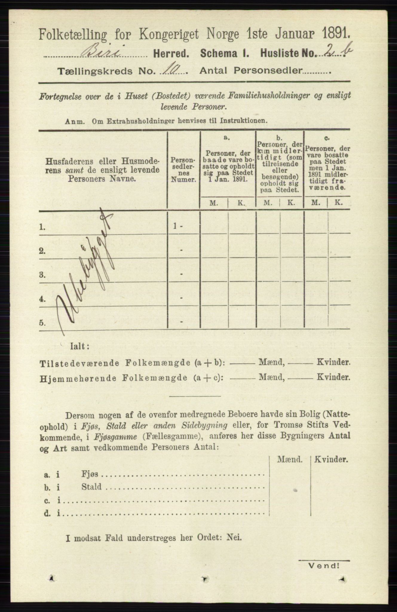 RA, Folketelling 1891 for 0525 Biri herred, 1891, s. 3741