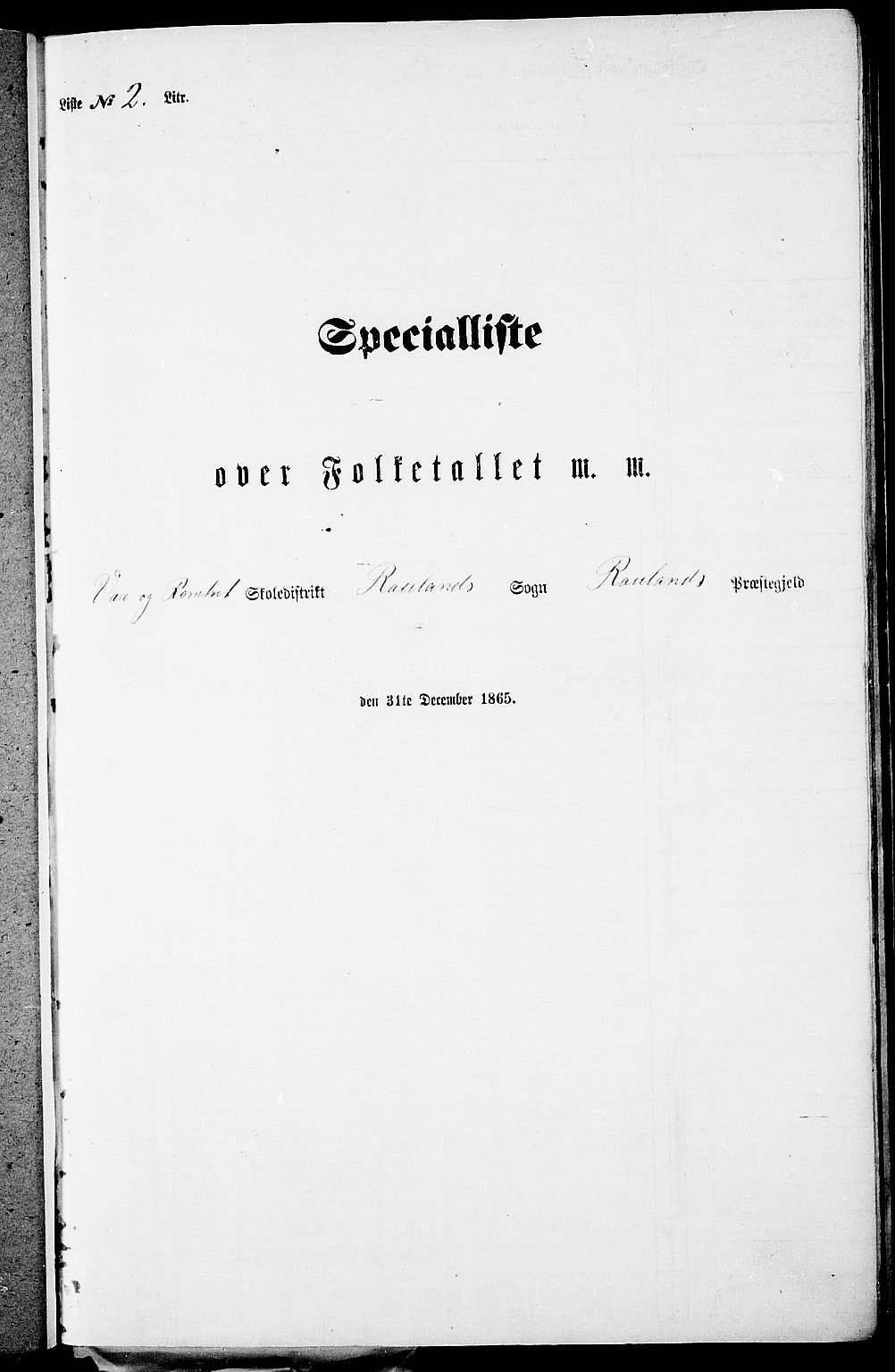 RA, Folketelling 1865 for 0835P Rauland prestegjeld, 1865, s. 22