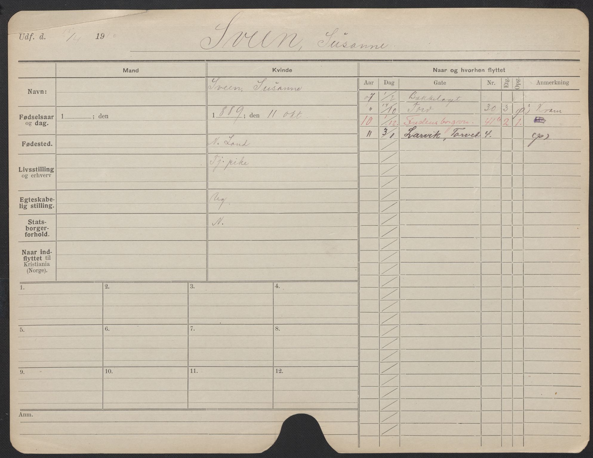 Oslo folkeregister, Registerkort, AV/SAO-A-11715/F/Fa/Fac/L0024: Kvinner, 1906-1914, s. 600a