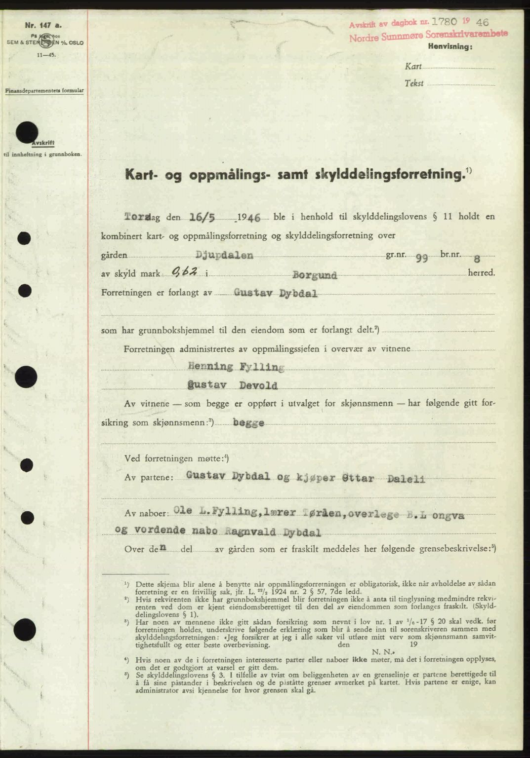 Nordre Sunnmøre sorenskriveri, SAT/A-0006/1/2/2C/2Ca: Pantebok nr. A22, 1946-1946, Dagboknr: 1780/1946