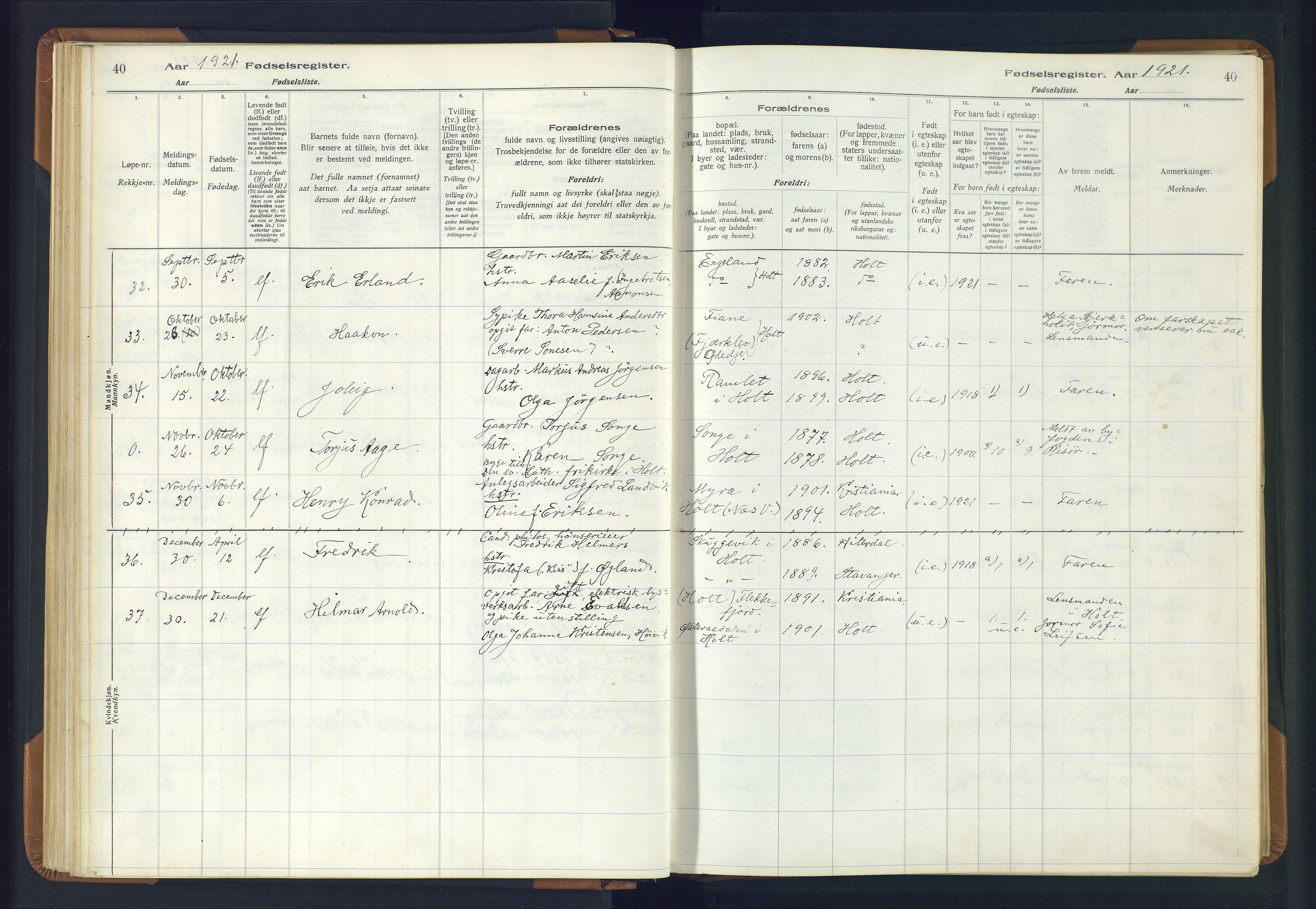 Holt sokneprestkontor, AV/SAK-1111-0021/J/Ja/L0001: Fødselsregister nr. II.4.1, 1916-1946, s. 40