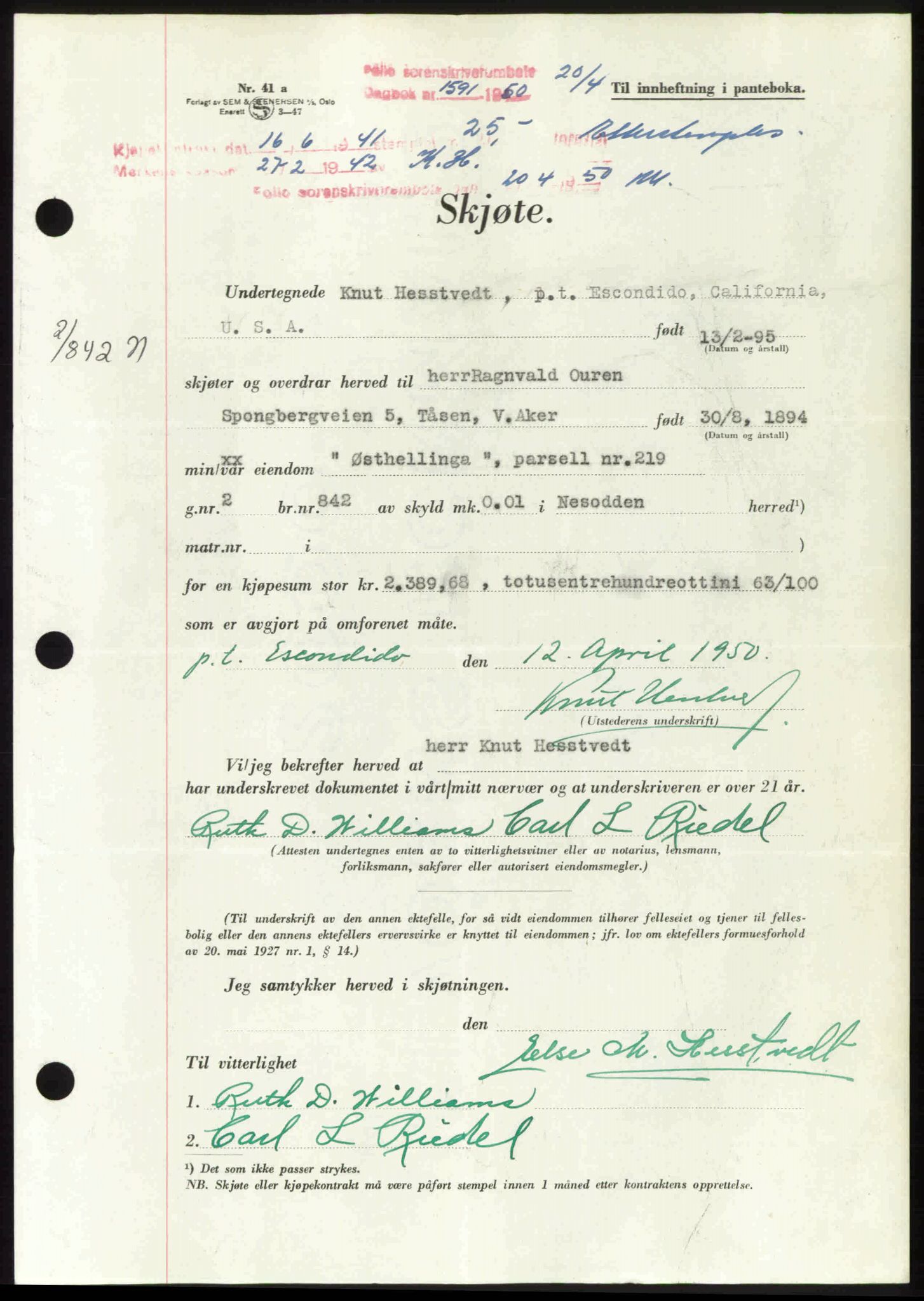 Follo sorenskriveri, SAO/A-10274/G/Ga/Gaa/L0092: Pantebok nr. I 92, 1950-1950, Dagboknr: 1591/1950