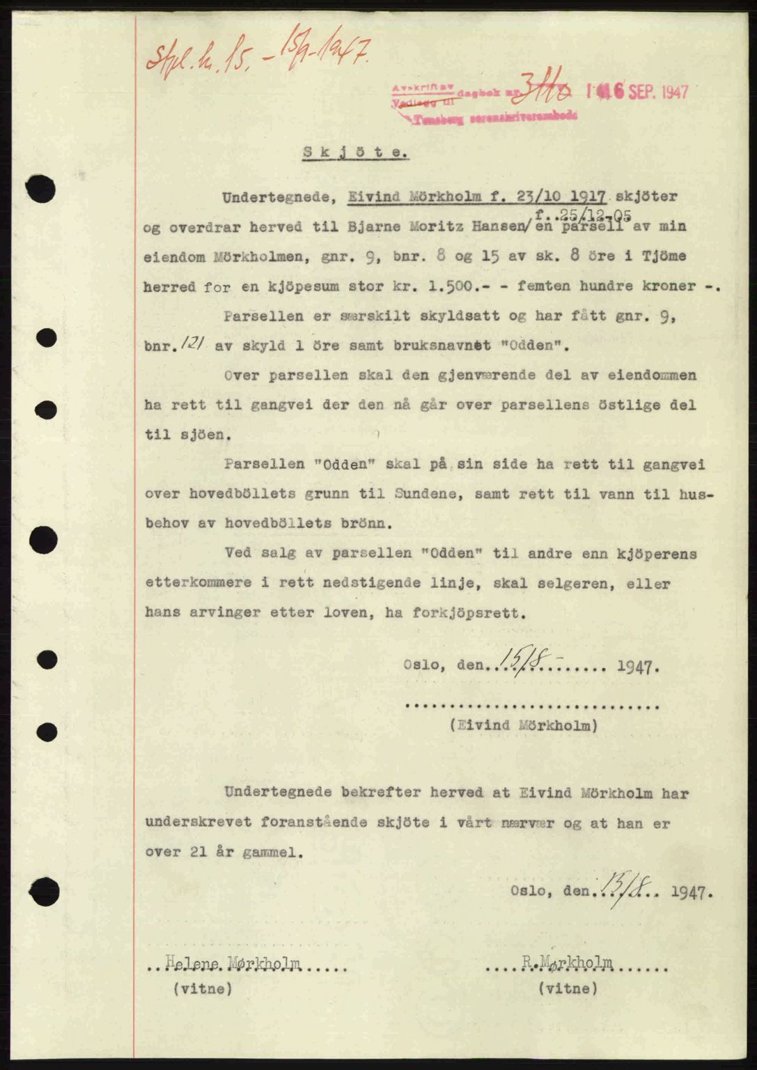 Tønsberg sorenskriveri, SAKO/A-130/G/Ga/Gaa/L0022: Pantebok nr. A22, 1947-1947, Dagboknr: 3110/1947