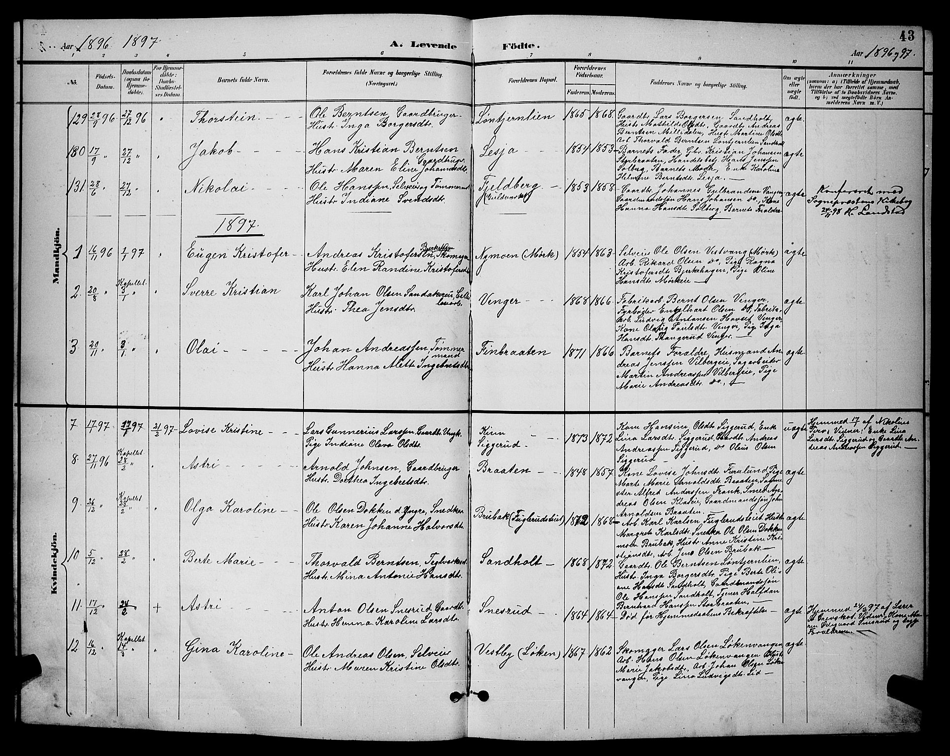Eidsvoll prestekontor Kirkebøker, AV/SAO-A-10888/G/Ga/L0006: Klokkerbok nr. I 6, 1895-1901, s. 43