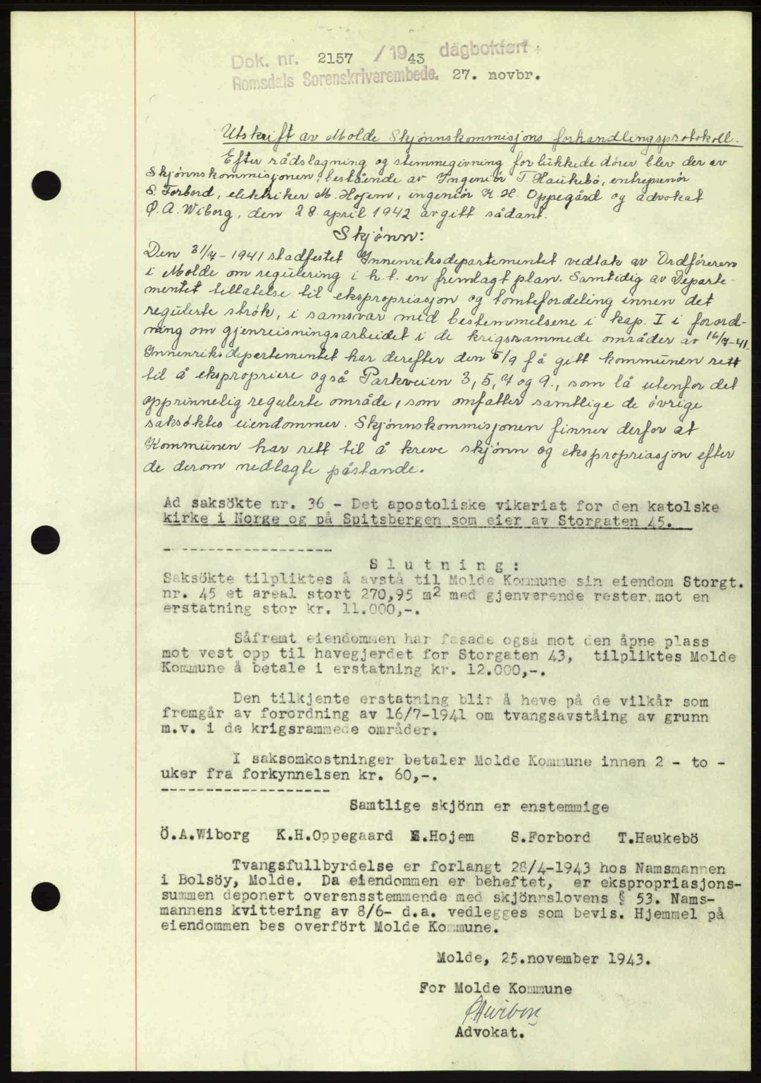 Romsdal sorenskriveri, AV/SAT-A-4149/1/2/2C: Pantebok nr. A15, 1943-1944, Dagboknr: 2157/1943