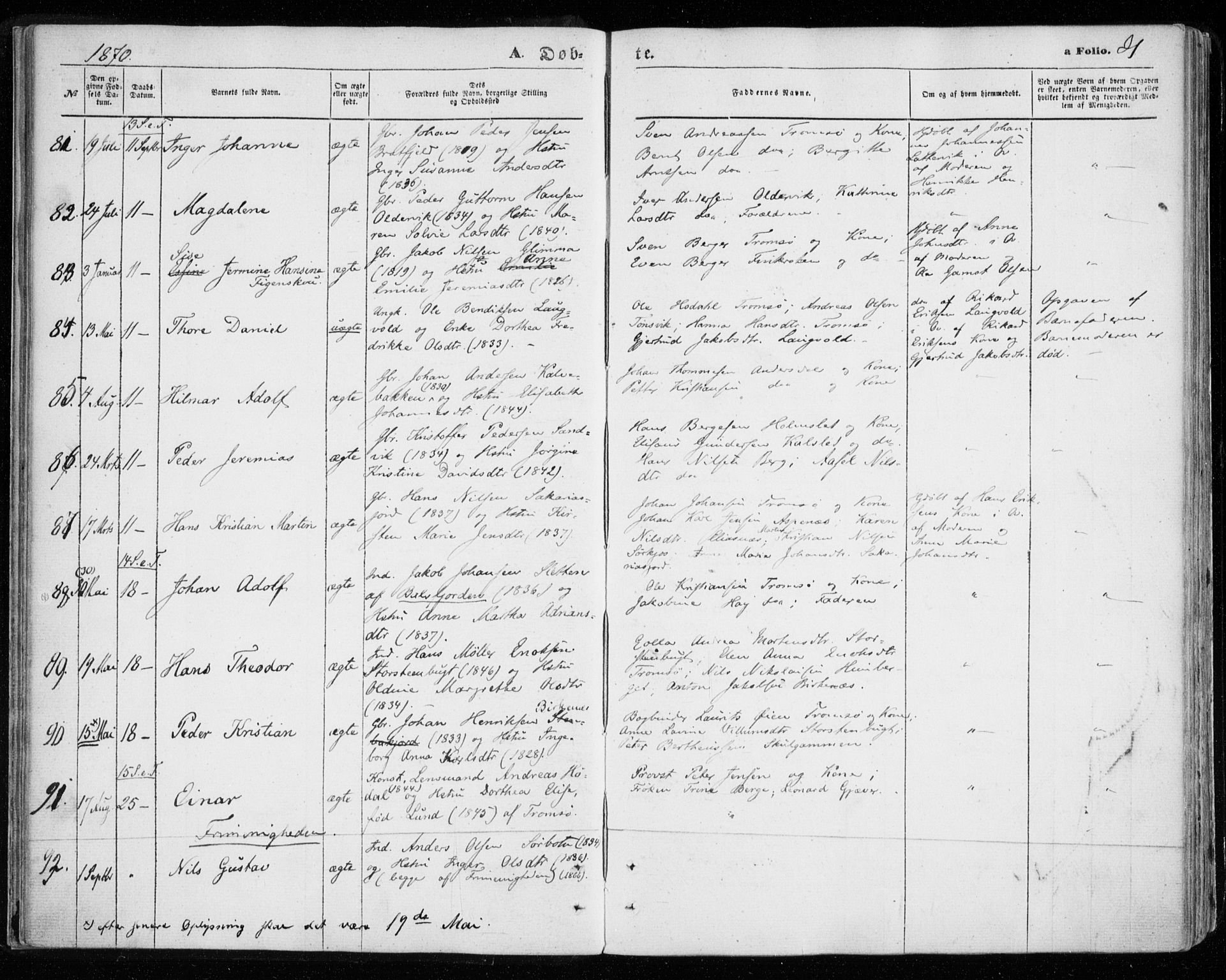 Tromsøysund sokneprestkontor, AV/SATØ-S-1304/G/Ga/L0002kirke: Ministerialbok nr. 2, 1867-1875, s. 31
