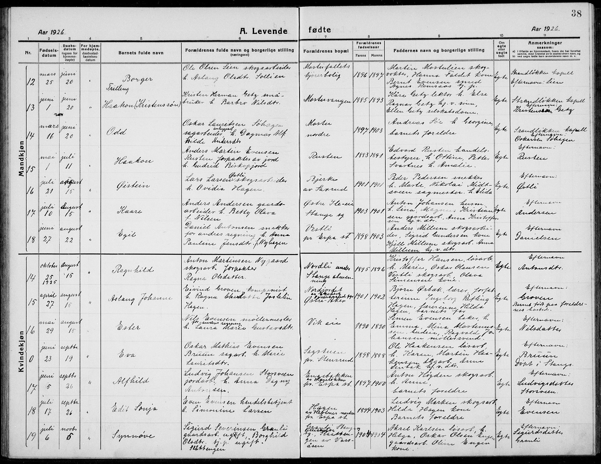 Stange prestekontor, AV/SAH-PREST-002/L/L0017: Klokkerbok nr. 17, 1918-1936, s. 38