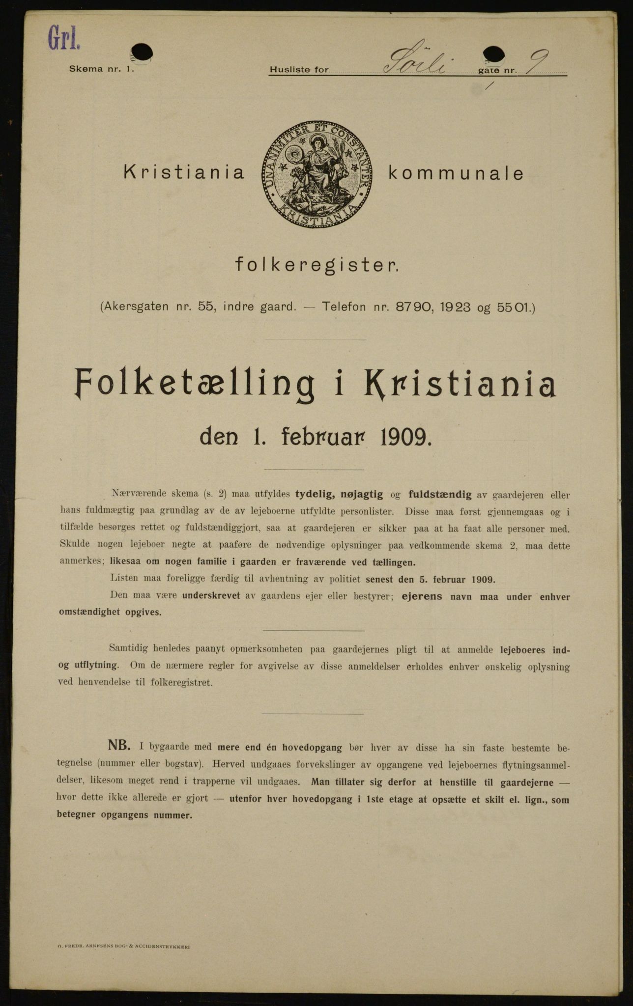 OBA, Kommunal folketelling 1.2.1909 for Kristiania kjøpstad, 1909, s. 96459