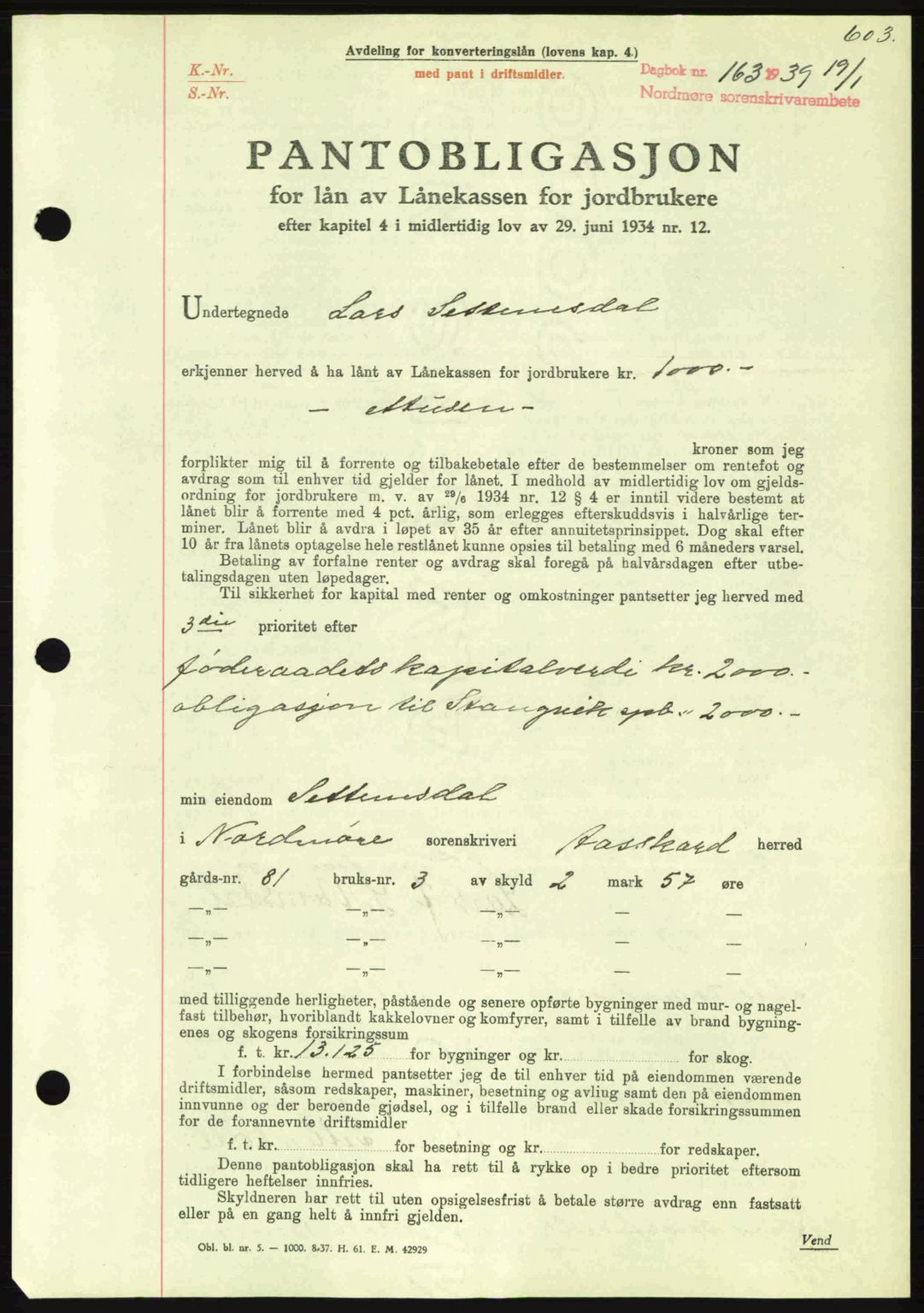 Nordmøre sorenskriveri, AV/SAT-A-4132/1/2/2Ca: Pantebok nr. B84, 1938-1939, Dagboknr: 163/1939