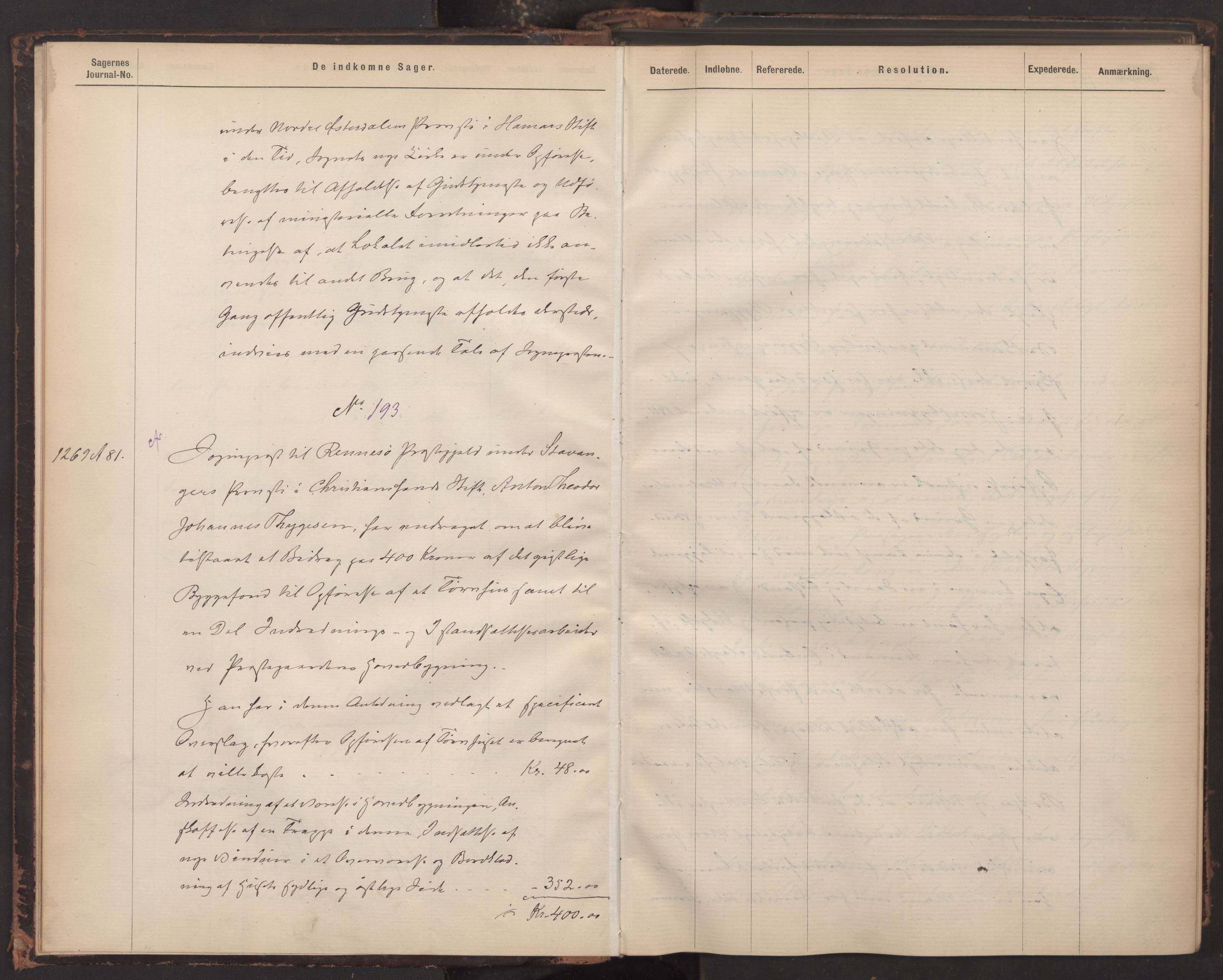 Kirke- og undervisningsdepartementet, Kontoret  for kirke og geistlighet A, AV/RA-S-1007/A/Aa/L0212: Referatprotokoll bd. 3. Ref.nr. 192-316, 1881