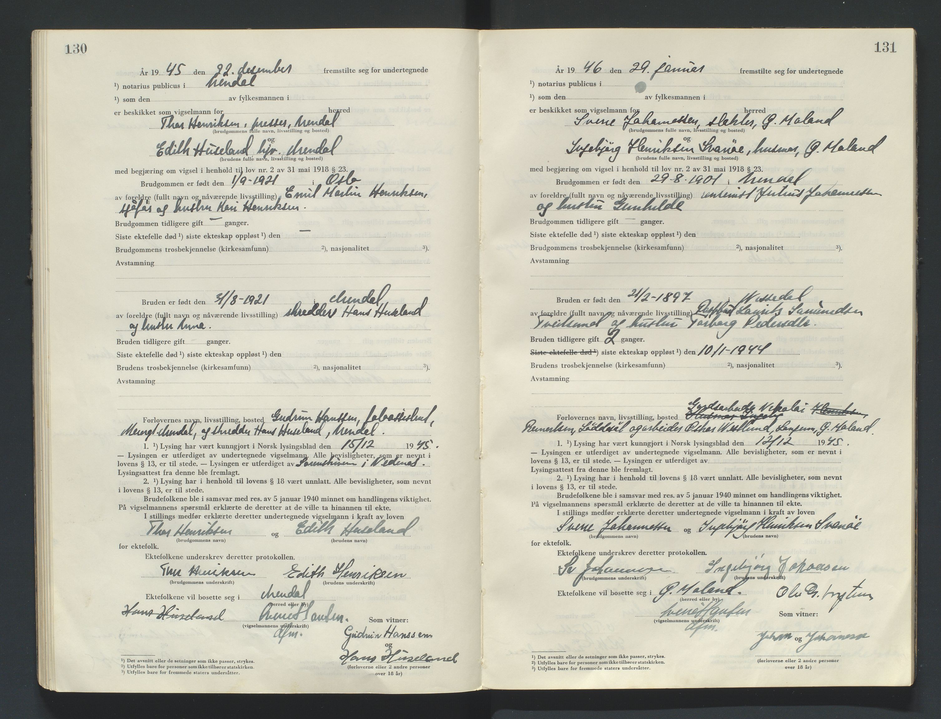 Nedenes sorenskriveri, SAK/1221-0006/L/Ld/L0002/0004: Vigselsbøker / Vigselbok, 1944-1948, s. 130-131