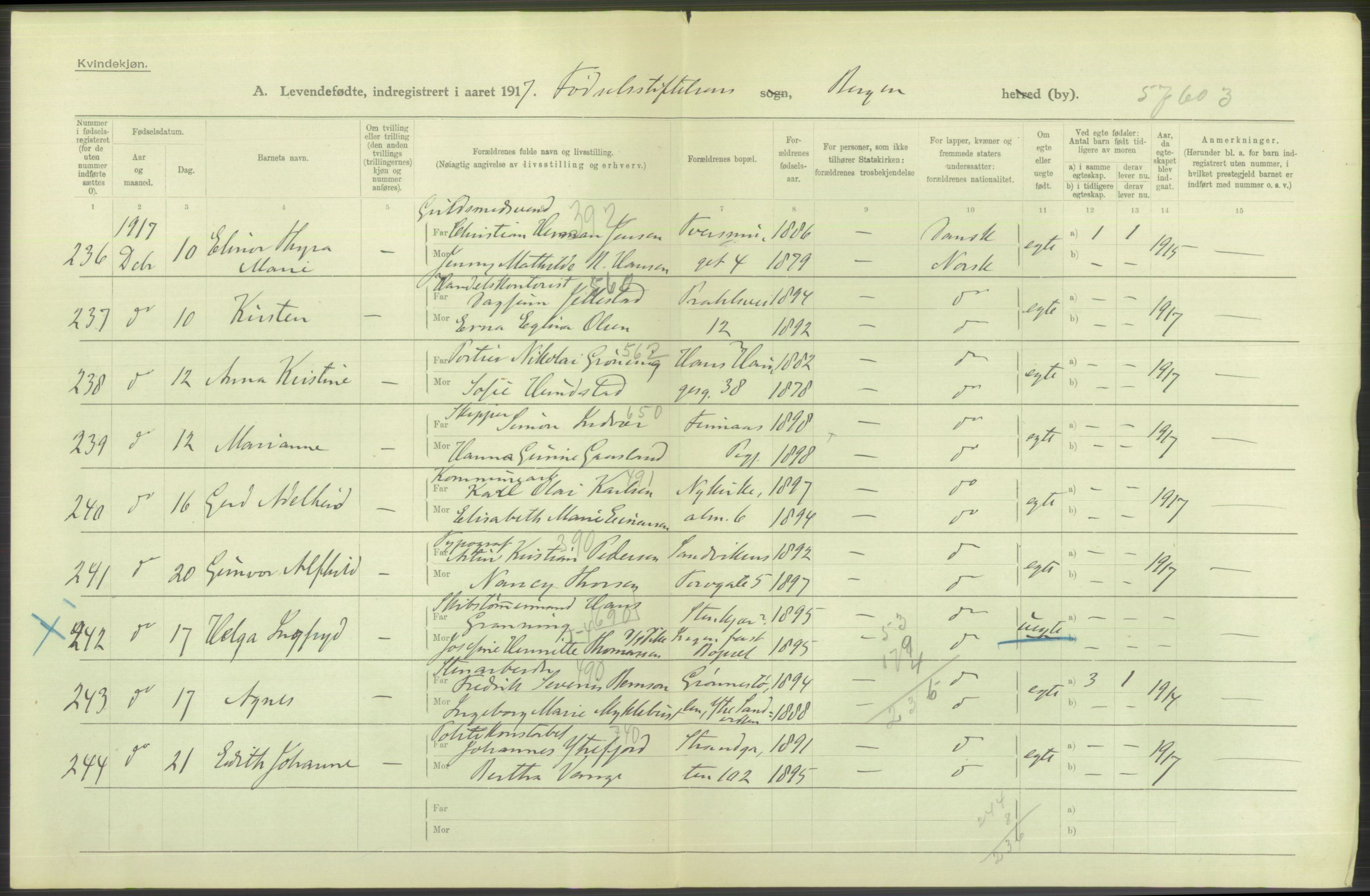 Statistisk sentralbyrå, Sosiodemografiske emner, Befolkning, RA/S-2228/D/Df/Dfb/Dfbg/L0037: Bergen: Levendefødte menn og kvinner., 1917, s. 118