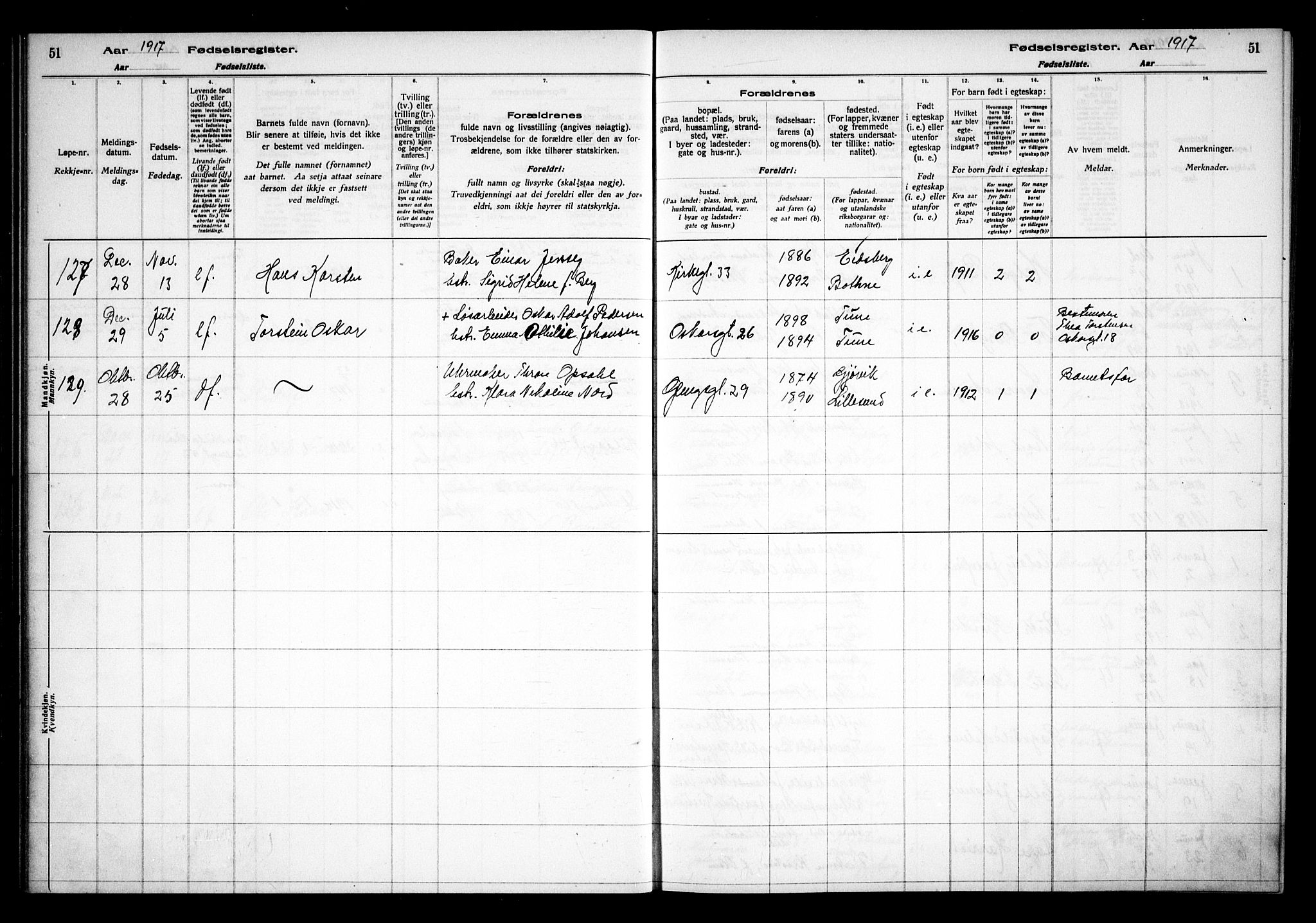 Sarpsborg prestekontor Kirkebøker, AV/SAO-A-2006/J/Ja/L0001: Fødselsregister nr. 1, 1916-1922, s. 51