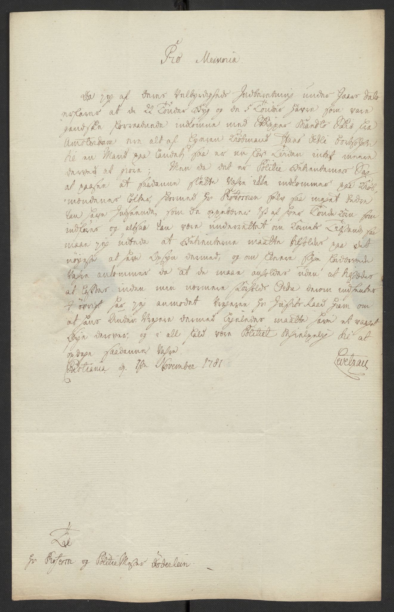 Oslo politidistrikt, AV/SAO-A-10085/D/Da/L0003: Innkomne brev, pro memoria m.v., 1781, s. 83