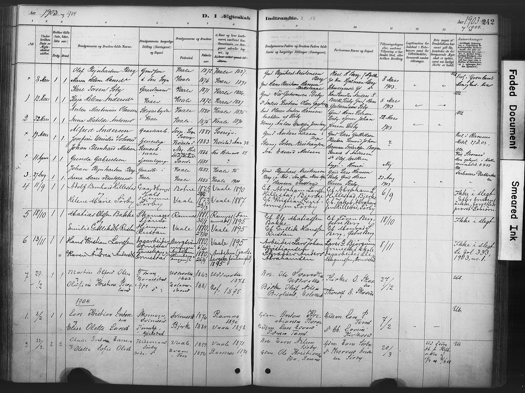 Våle kirkebøker, AV/SAKO-A-334/F/Fa/L0011: Ministerialbok nr. I 11, 1878-1906, s. 242
