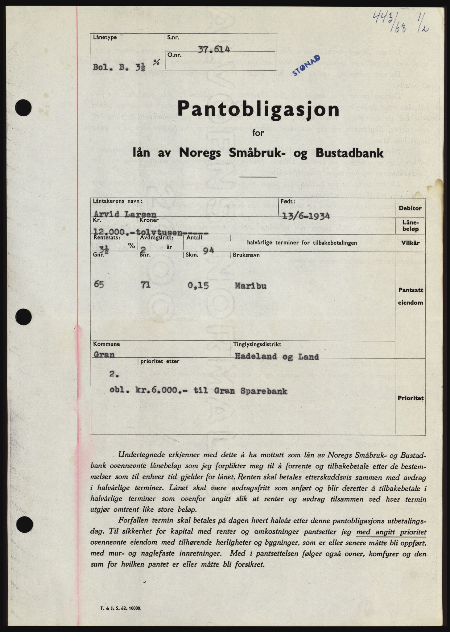 Hadeland og Land tingrett, SAH/TING-010/H/Hb/Hbc/L0050: Pantebok nr. B50, 1962-1963, Dagboknr: 443/1963