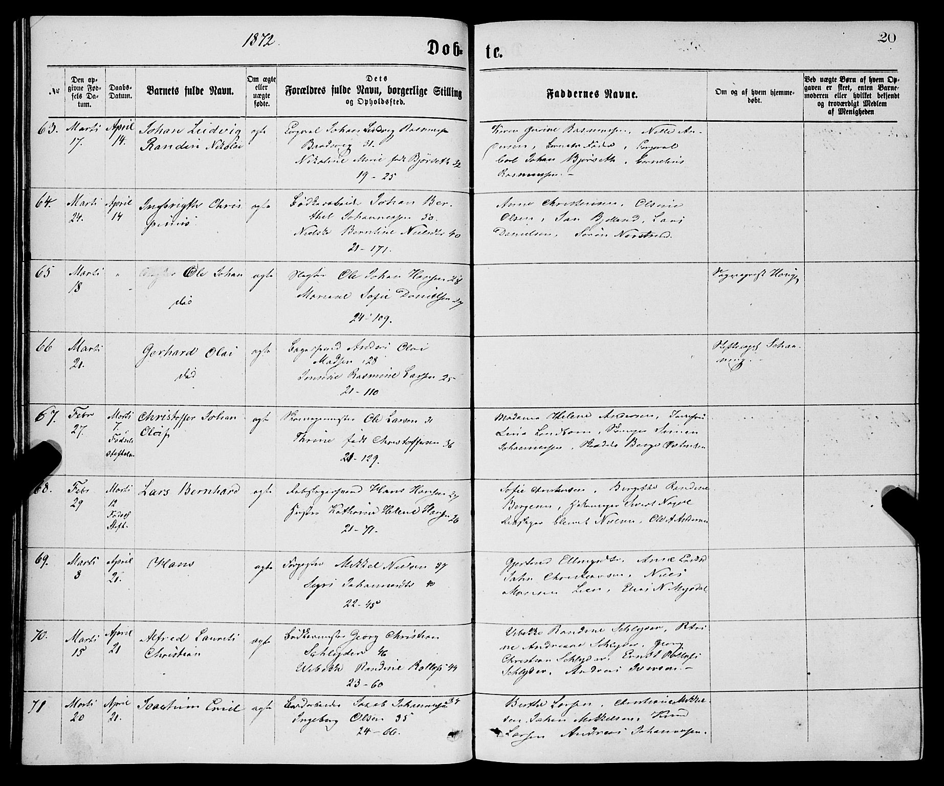 Korskirken sokneprestembete, AV/SAB-A-76101/H/Haa/L0020: Ministerialbok nr. B 6, 1871-1878, s. 20
