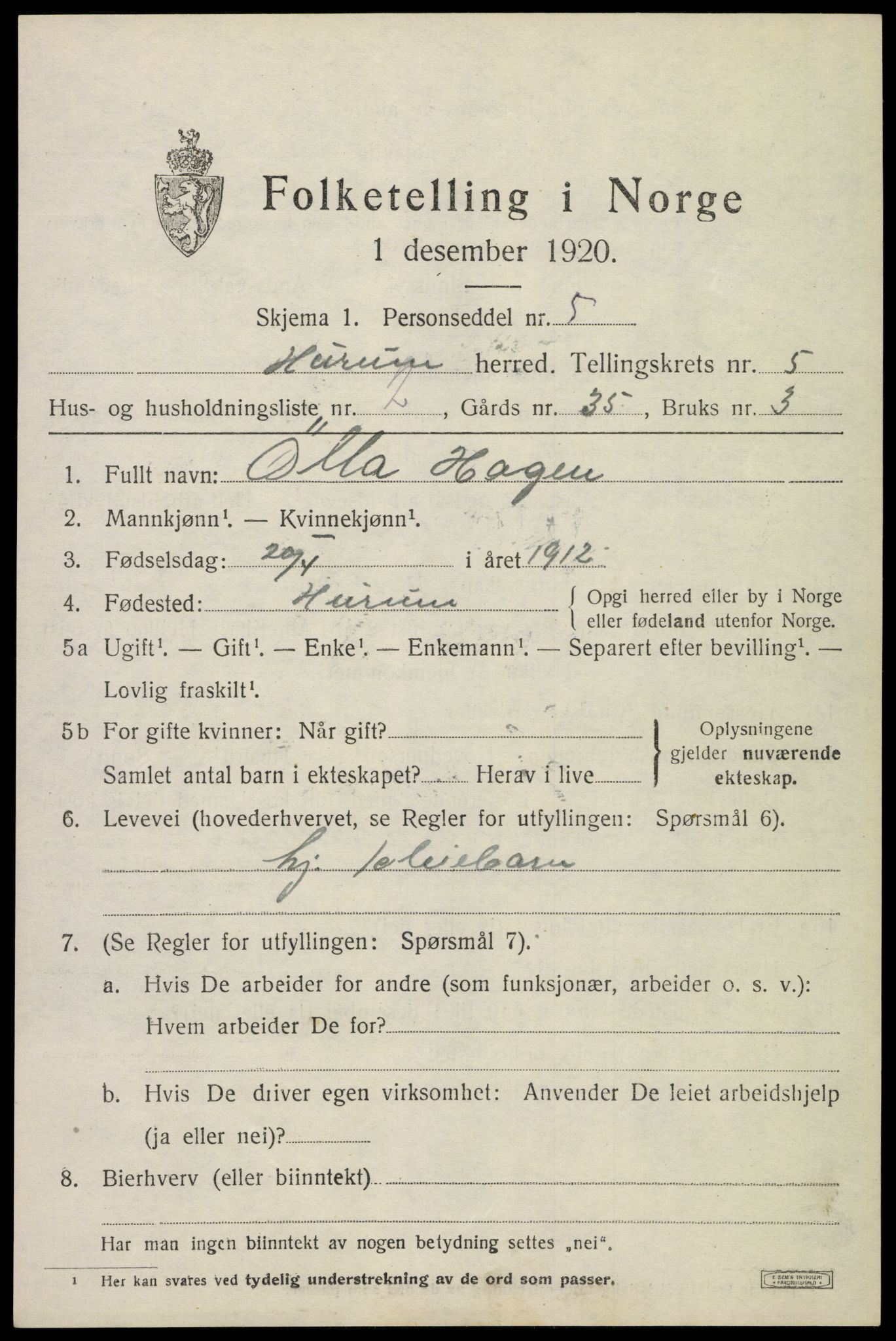SAKO, Folketelling 1920 for 0628 Hurum herred, 1920, s. 6120