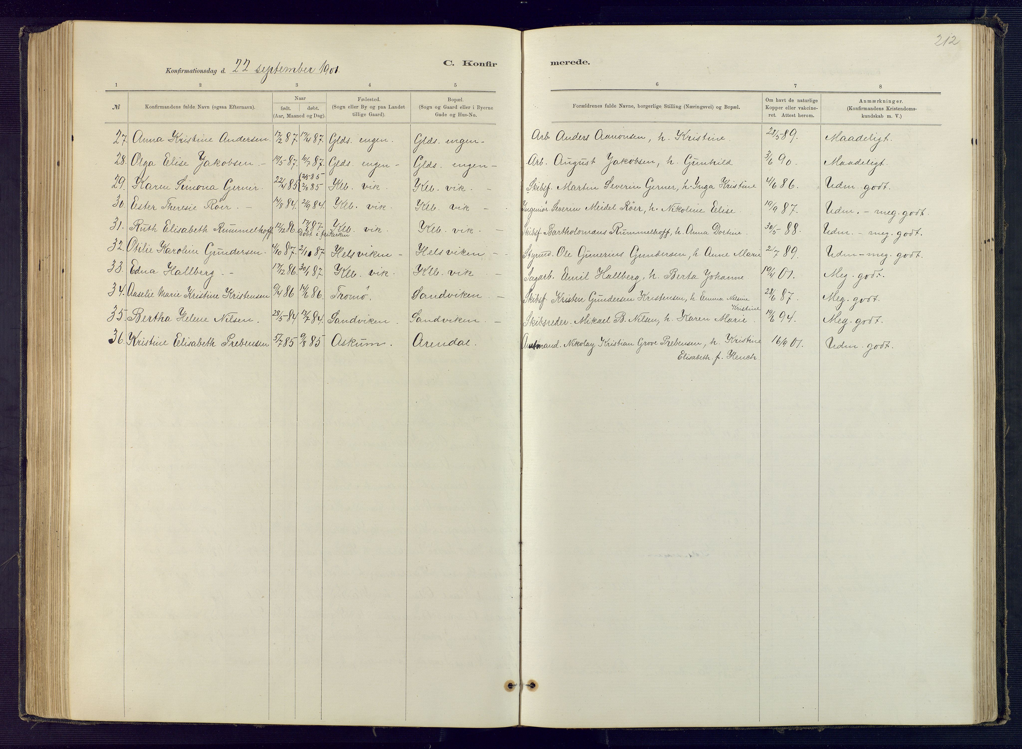 Hisøy sokneprestkontor, AV/SAK-1111-0020/F/Fb/L0003: Klokkerbok nr. B 3, 1885-1905, s. 212