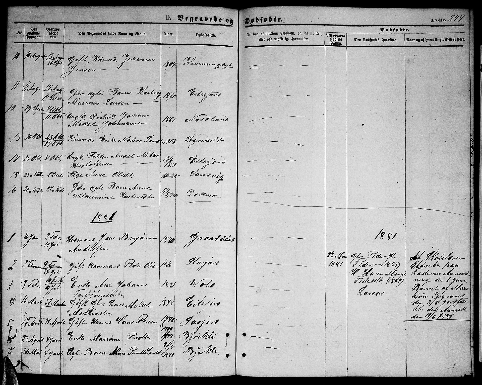 Ministerialprotokoller, klokkerbøker og fødselsregistre - Nordland, AV/SAT-A-1459/846/L0653: Klokkerbok nr. 846C03, 1872-1887, s. 244