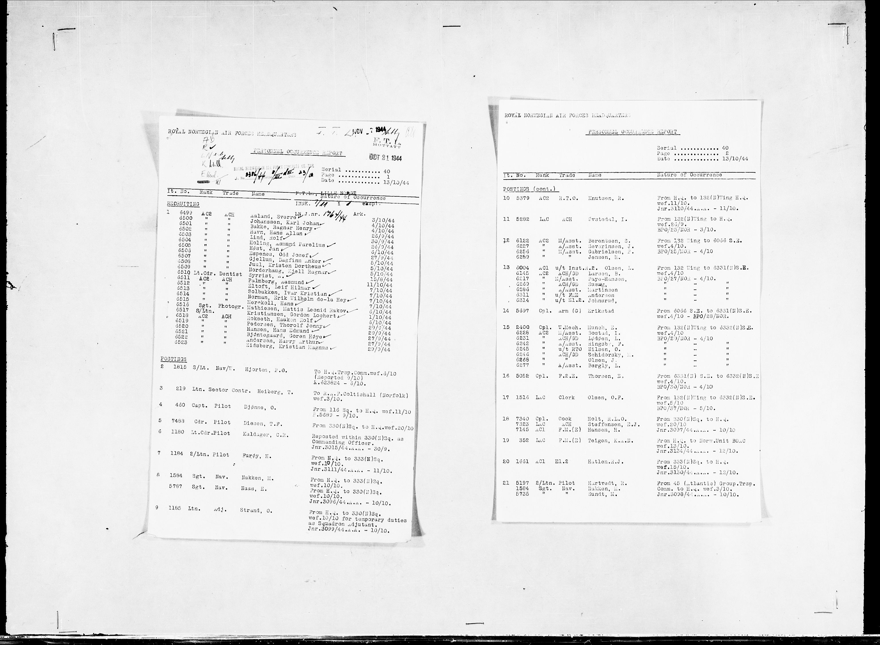 Forsvaret, Flyvåpnenes treningsleir 1940-1945, RA/RAFA-3974/V/L0038: Ekspedisjonskontoret. 8. Personellkontoret, 1940-1945