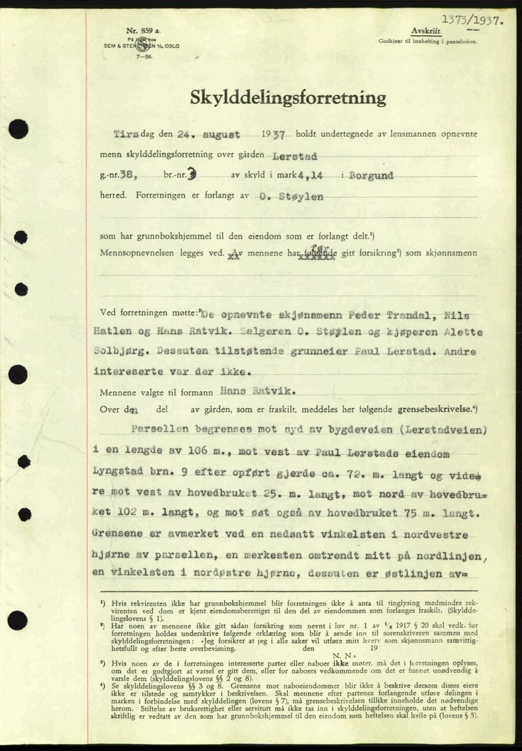 Nordre Sunnmøre sorenskriveri, SAT/A-0006/1/2/2C/2Ca: Pantebok nr. A3, 1937-1937, Dagboknr: 1373/1937