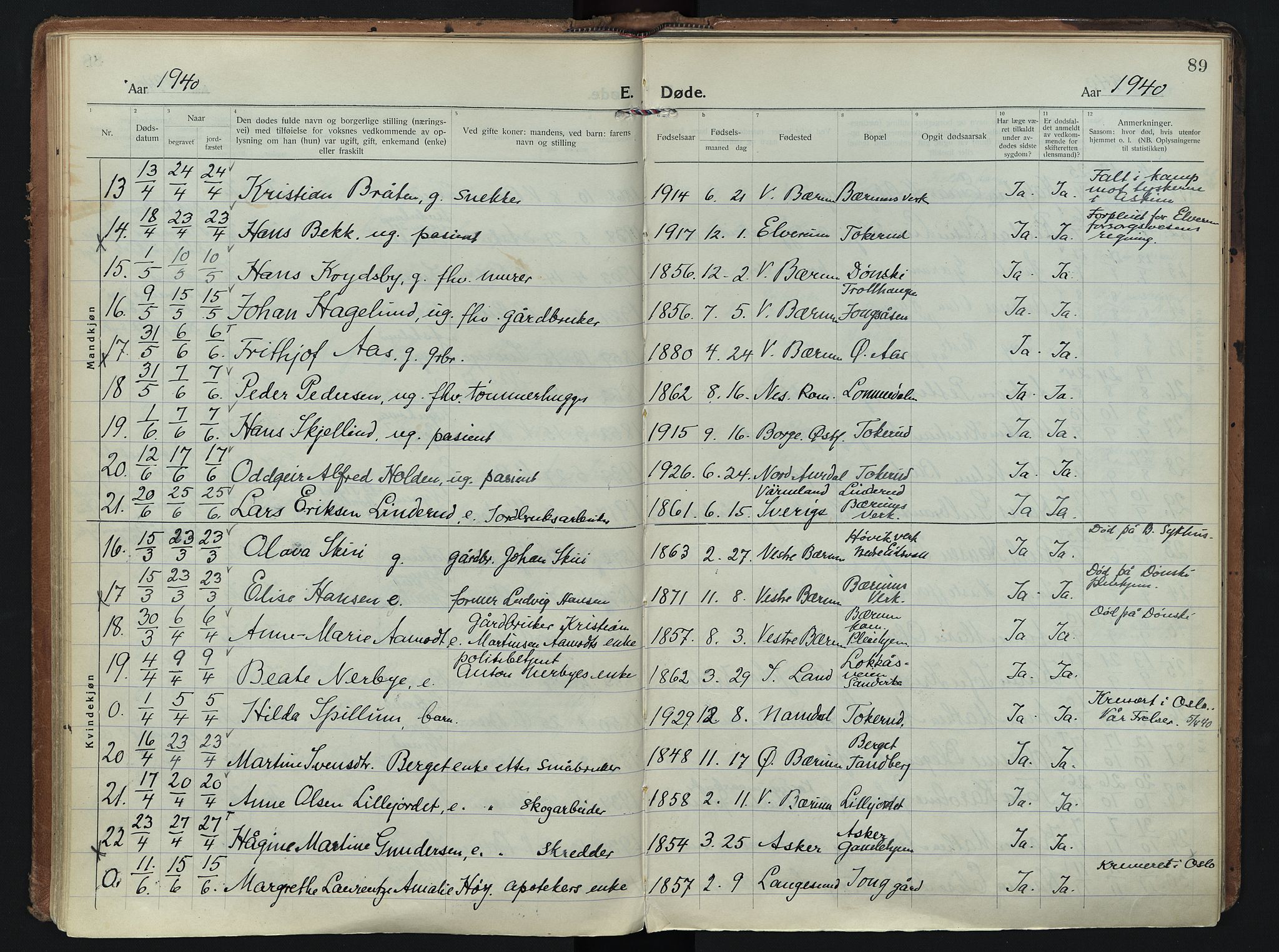 Vestre Bærum prestekontor Kirkebøker, AV/SAO-A-10209a/F/Fa/L0005: Ministerialbok nr. 5, 1922-1962, s. 89