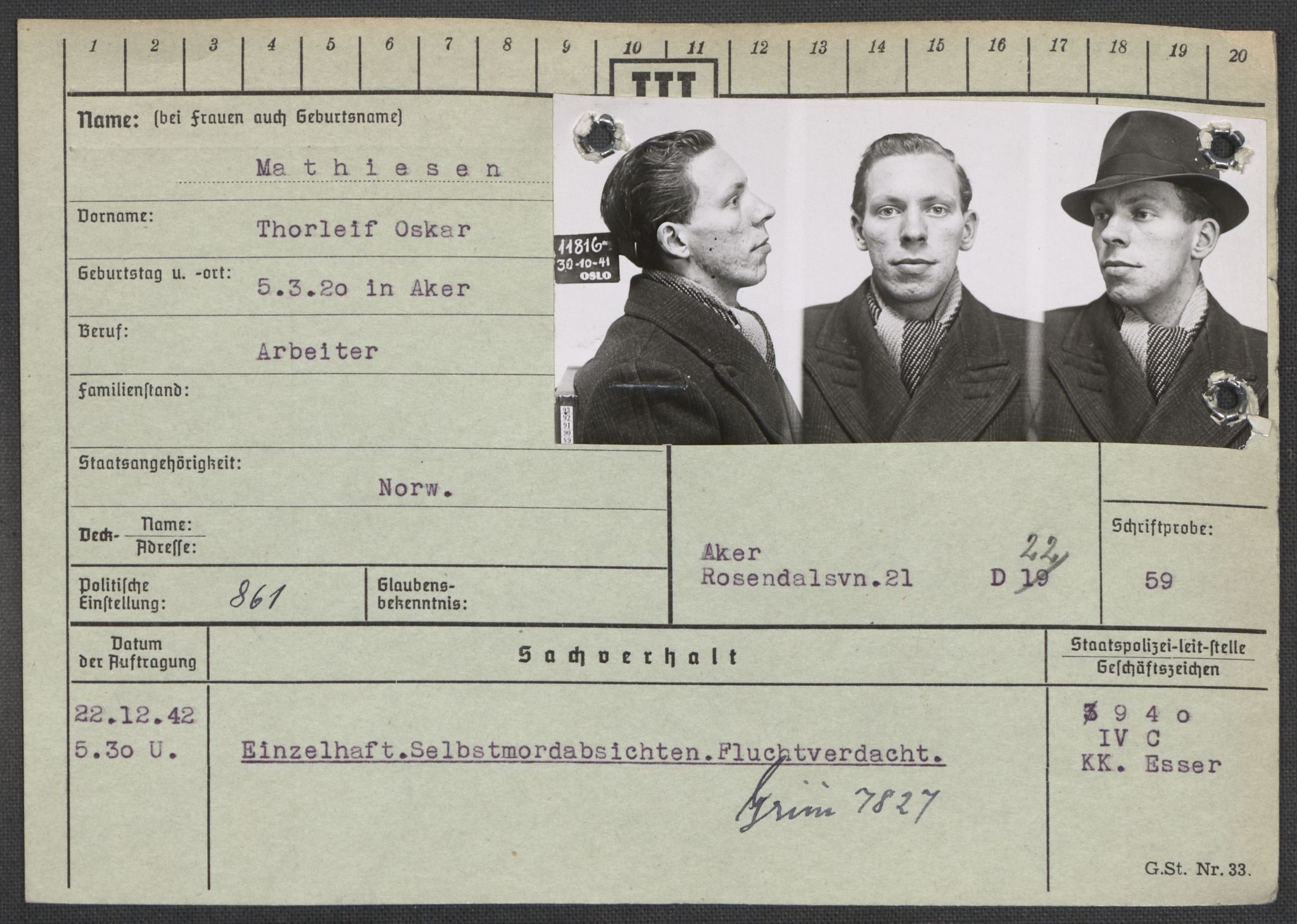 Befehlshaber der Sicherheitspolizei und des SD, AV/RA-RAFA-5969/E/Ea/Eaa/L0007: Register over norske fanger i Møllergata 19: Lundb-N, 1940-1945, s. 466