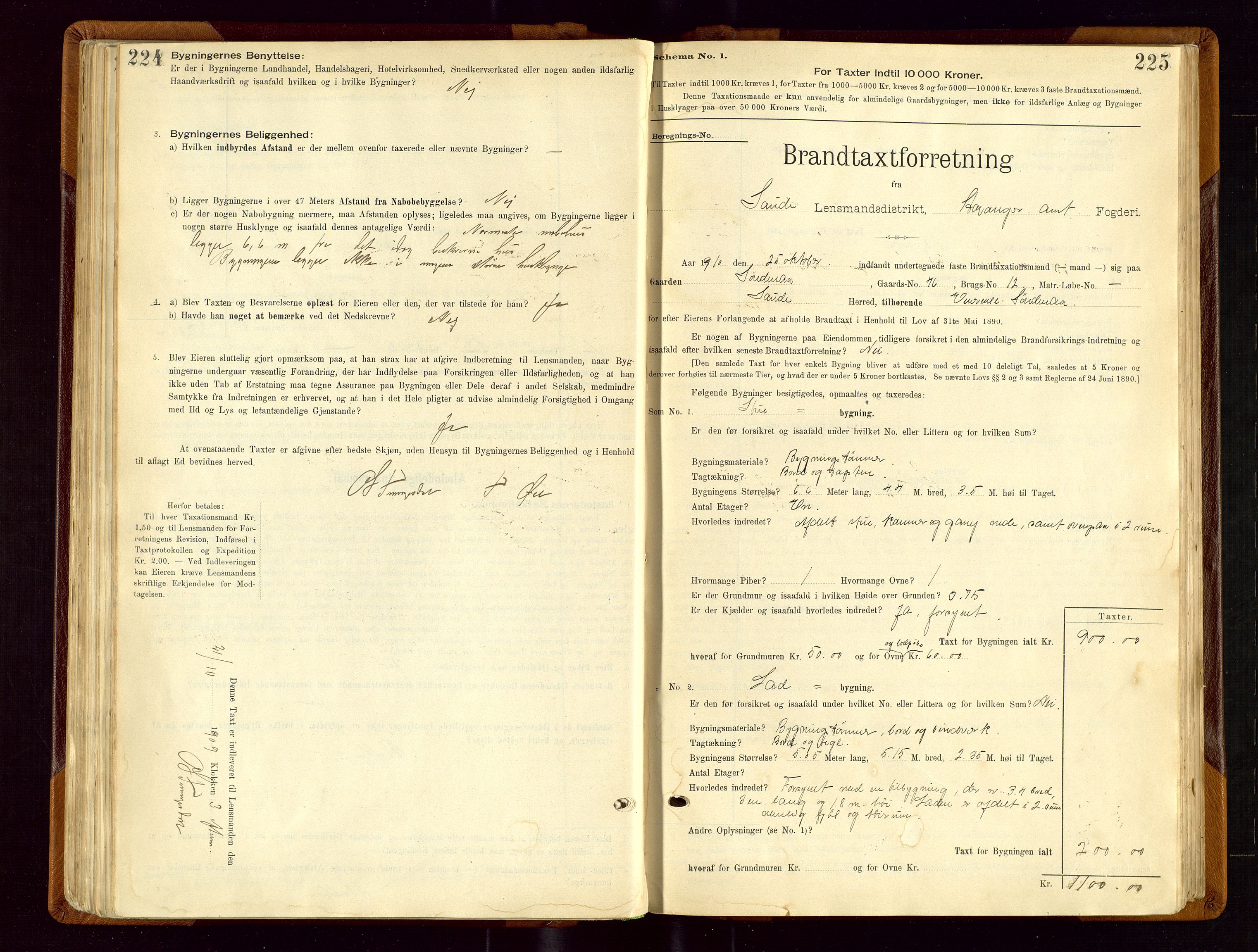 Sauda lensmannskontor, AV/SAST-A-100177/Gob/L0001: Branntakstprotokoll - skjematakst, 1894-1914, s. 224-225