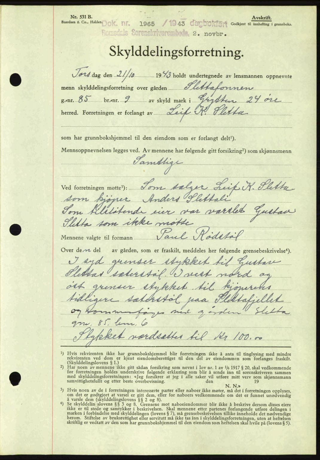 Romsdal sorenskriveri, AV/SAT-A-4149/1/2/2C: Pantebok nr. A15, 1943-1944, Dagboknr: 1965/1943