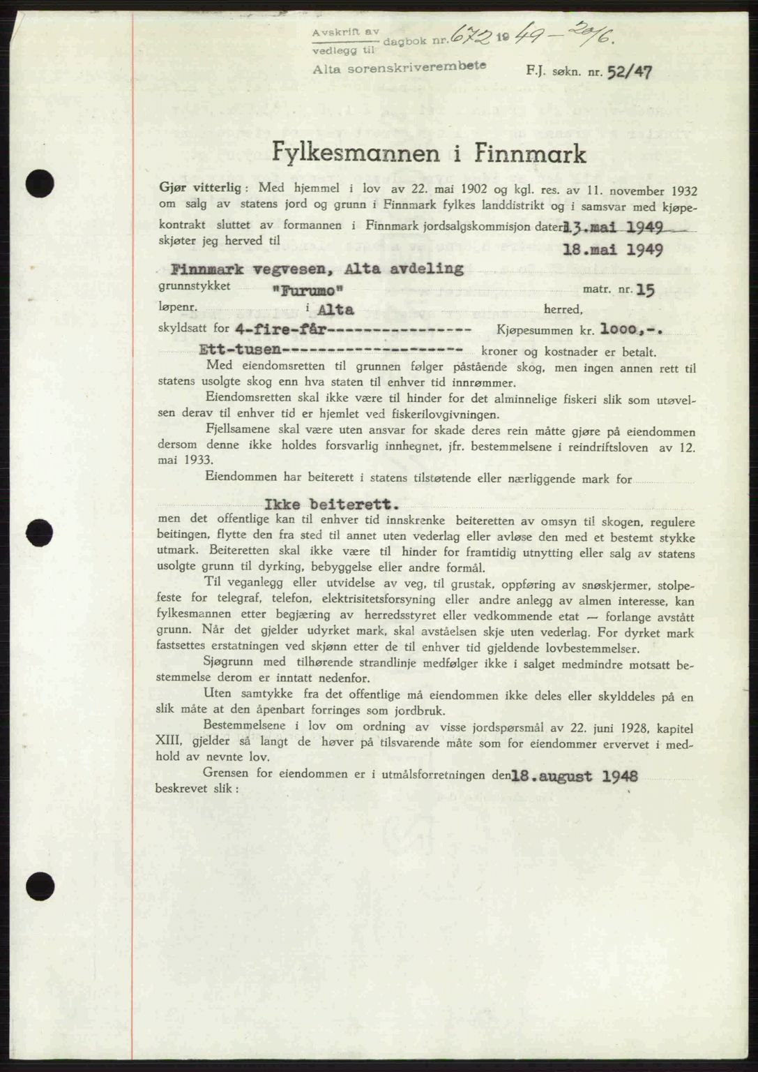 Alta fogderi/sorenskriveri, SATØ/SATØ-5/1/K/Kd/L0037pantebok: Pantebok nr. 39-40, 1948-1949, Dagboknr: 672/1949