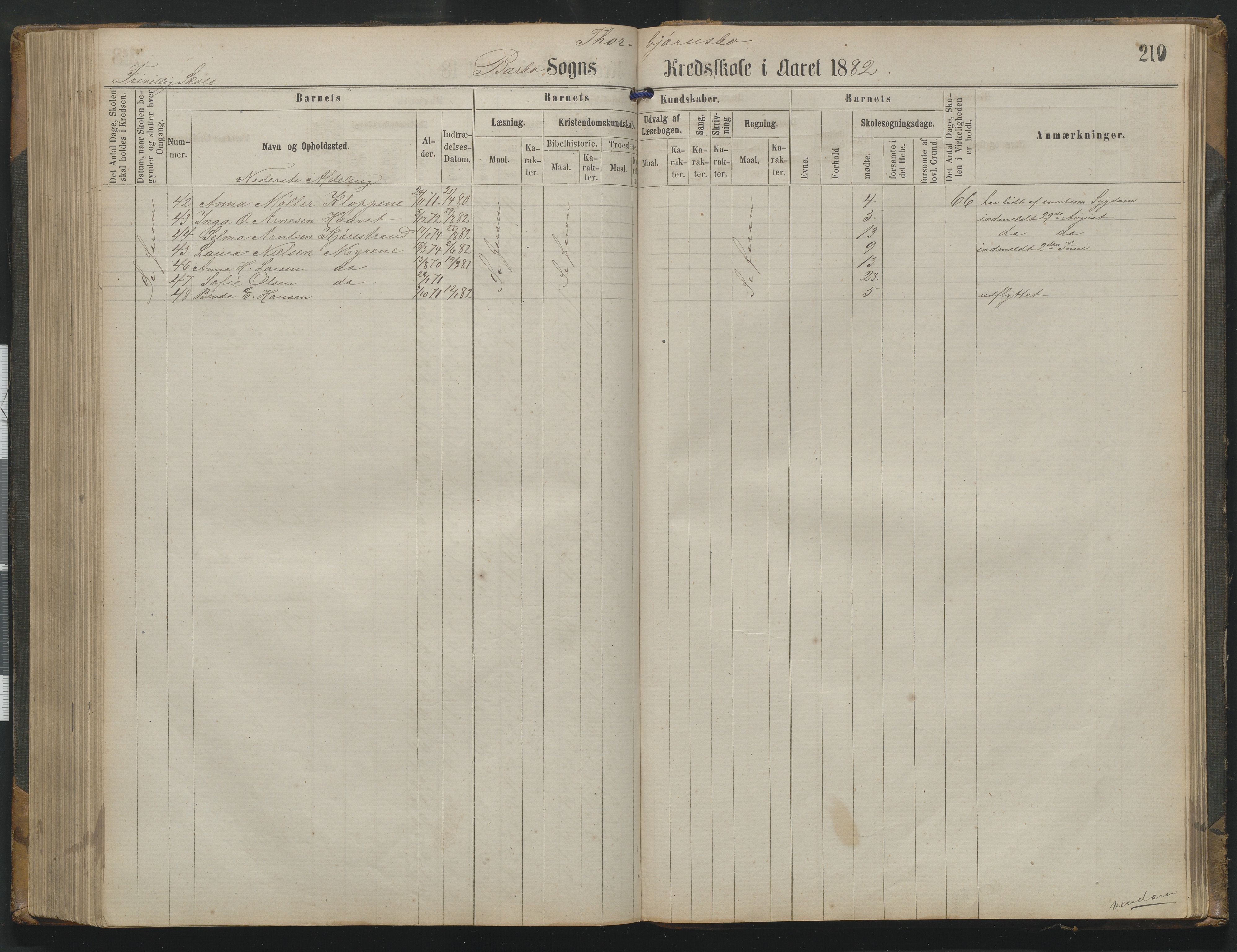 Arendal kommune, Katalog I, AAKS/KA0906-PK-I/07/L0342: Protokoll Torbjørnsbu skole, 1869-1890, s. 219