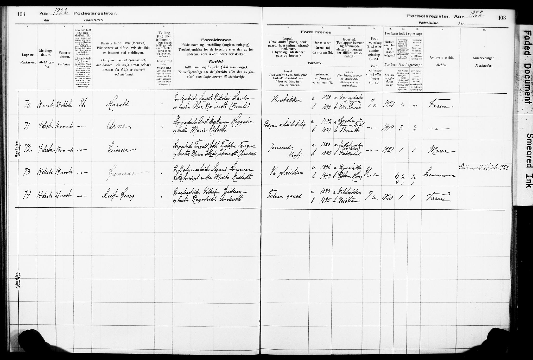 Norderhov kirkebøker, AV/SAKO-A-237/J/Ja/L0001: Fødselsregister nr. 1, 1916-1930, s. 103