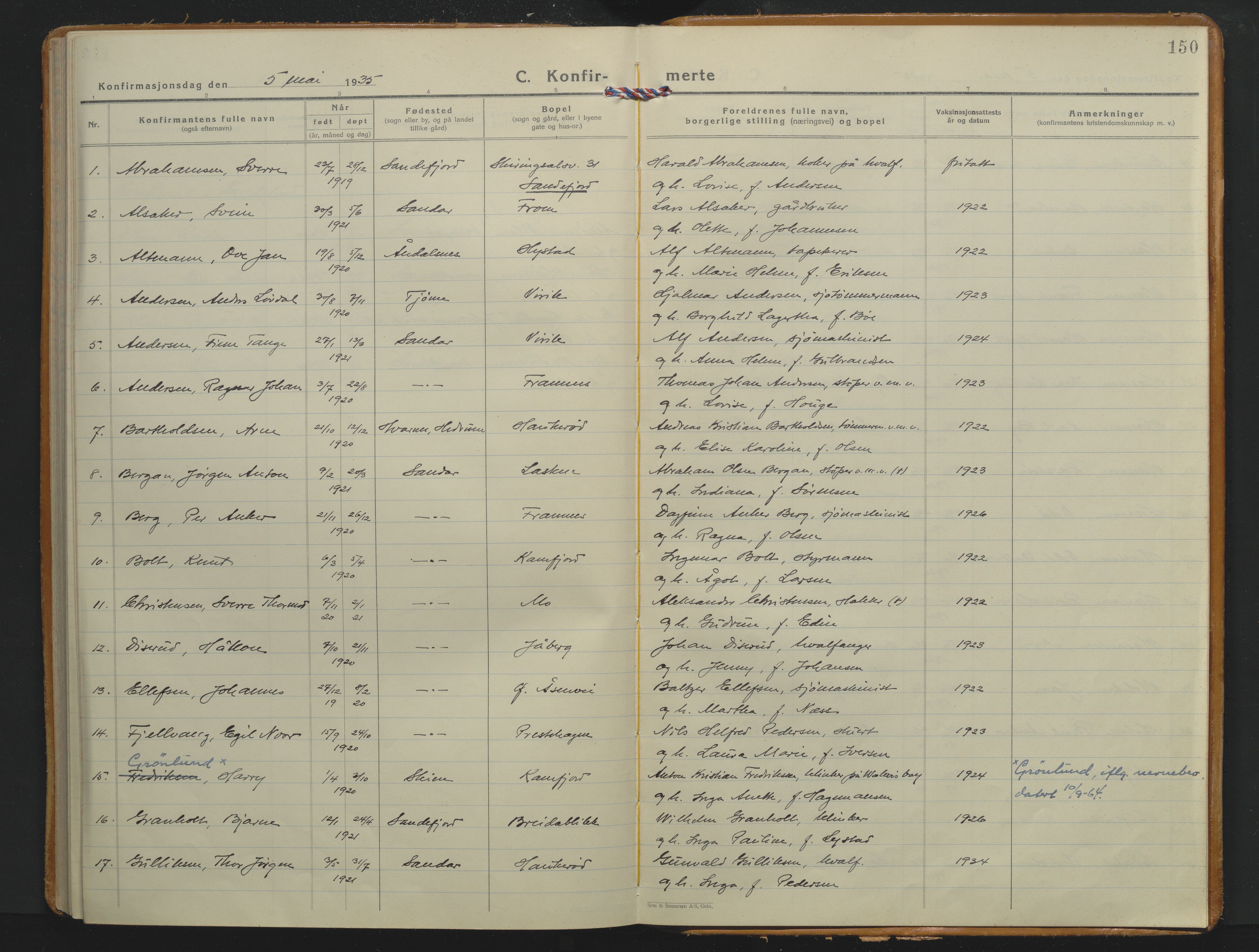 Sandar kirkebøker, AV/SAKO-A-243/F/Fa/L0024: Ministerialbok nr. 24, 1926-1935, s. 150
