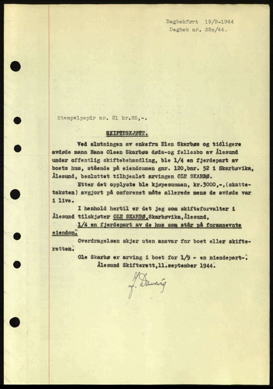 Ålesund byfogd, AV/SAT-A-4384: Pantebok nr. 36a, 1944-1945, Dagboknr: 320/1944